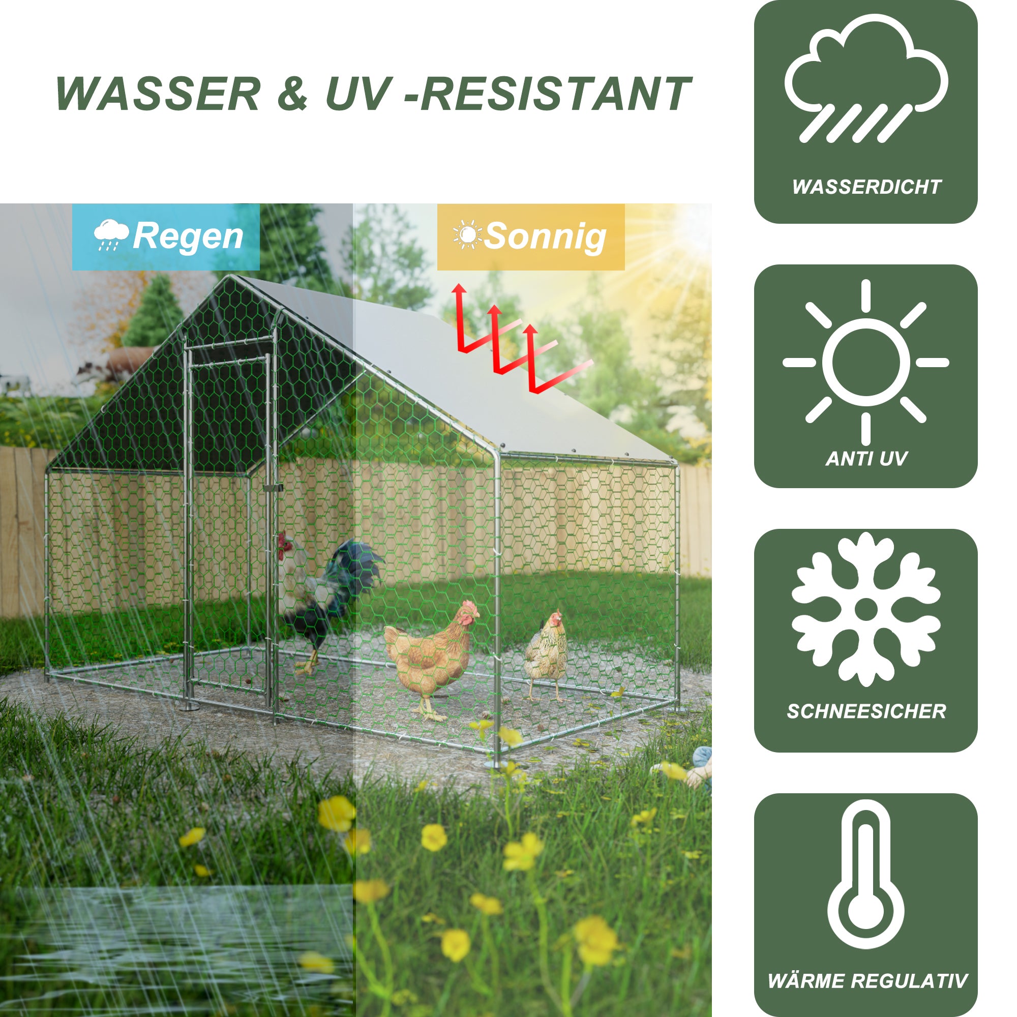 Chicken Coop/Run 3x1.5x2m Safety Lock Waterproof Enclosure, Metal