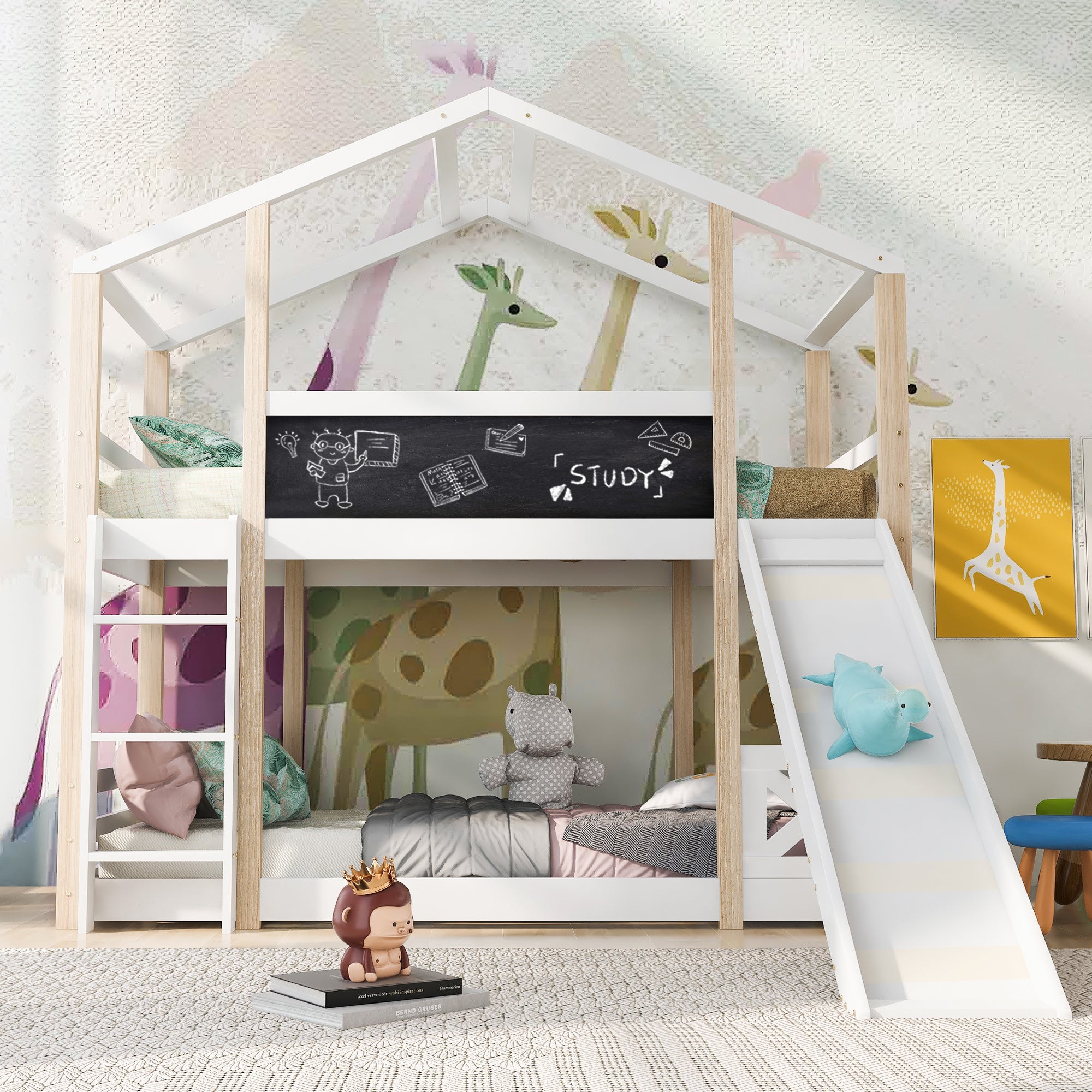 Children's Bed Tree House, Loft Bed with Slide & Ladder, 90x200cm, Natural & White