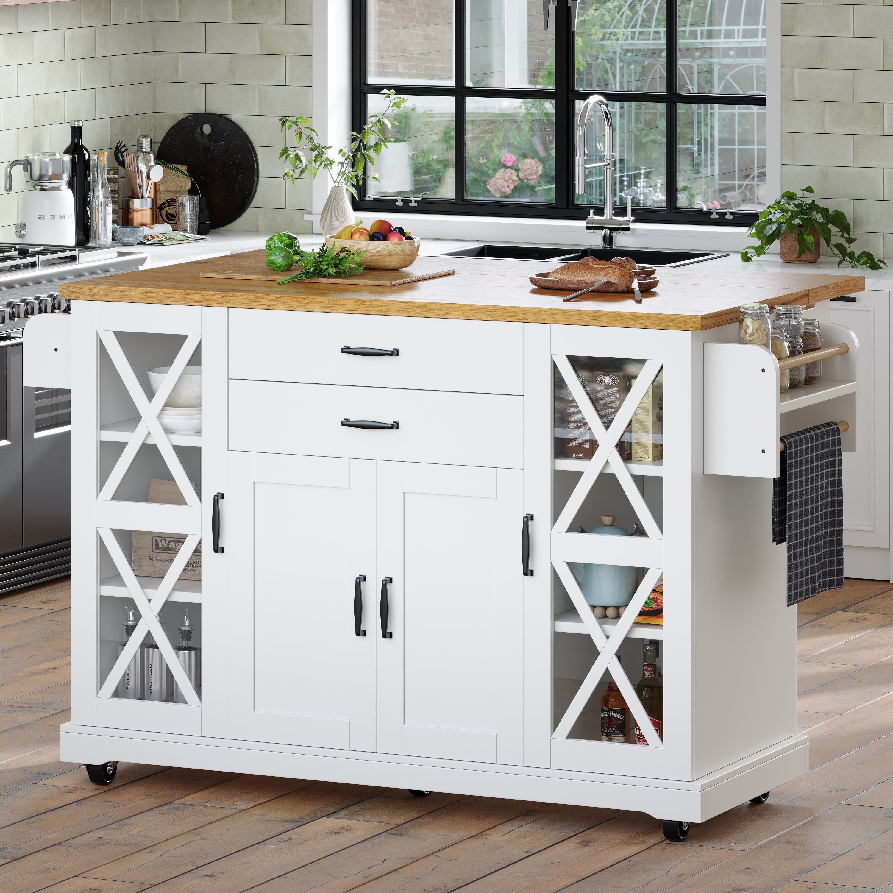 Mobile Kitchen Island Serving Trolley 4 Doors Glass Drawers Adjustable Shelves - White