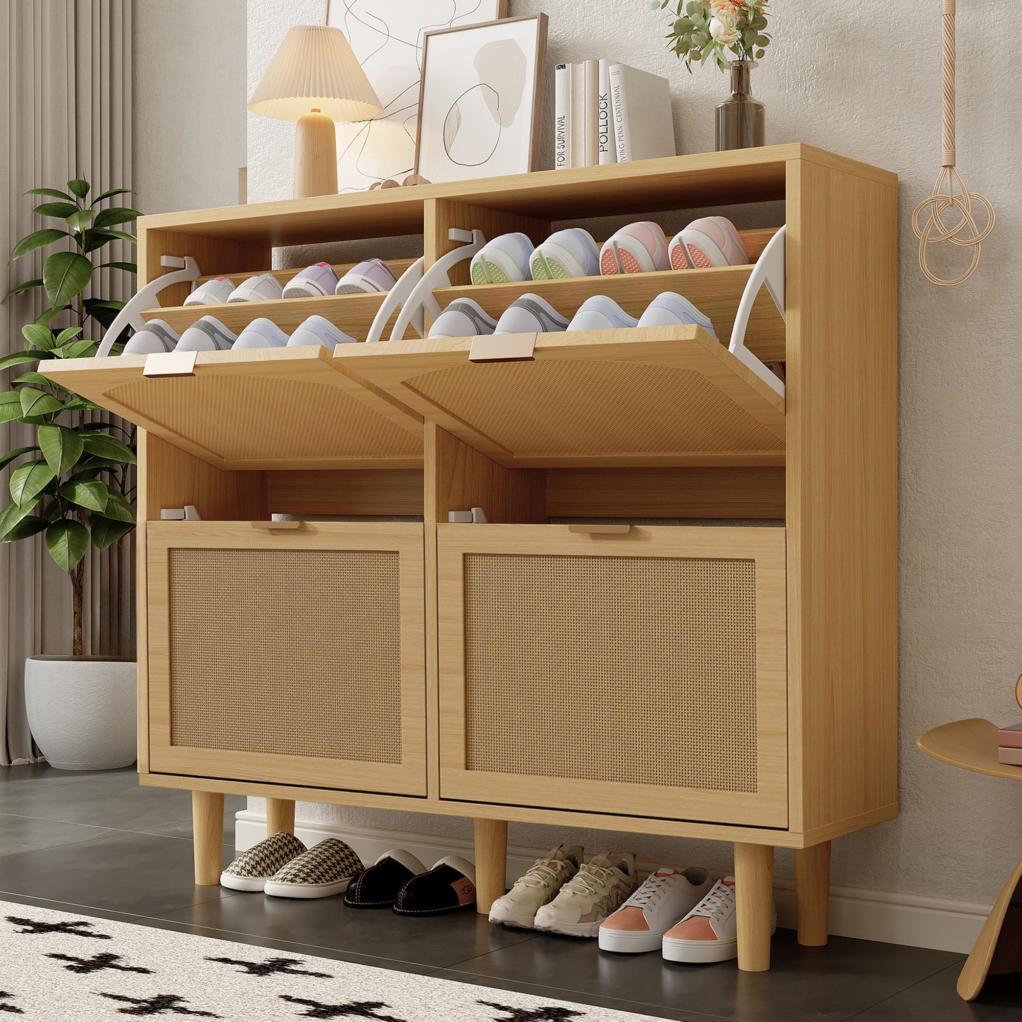 Shoe cabinet with 4 folding drawers, rattan and metal, wooden