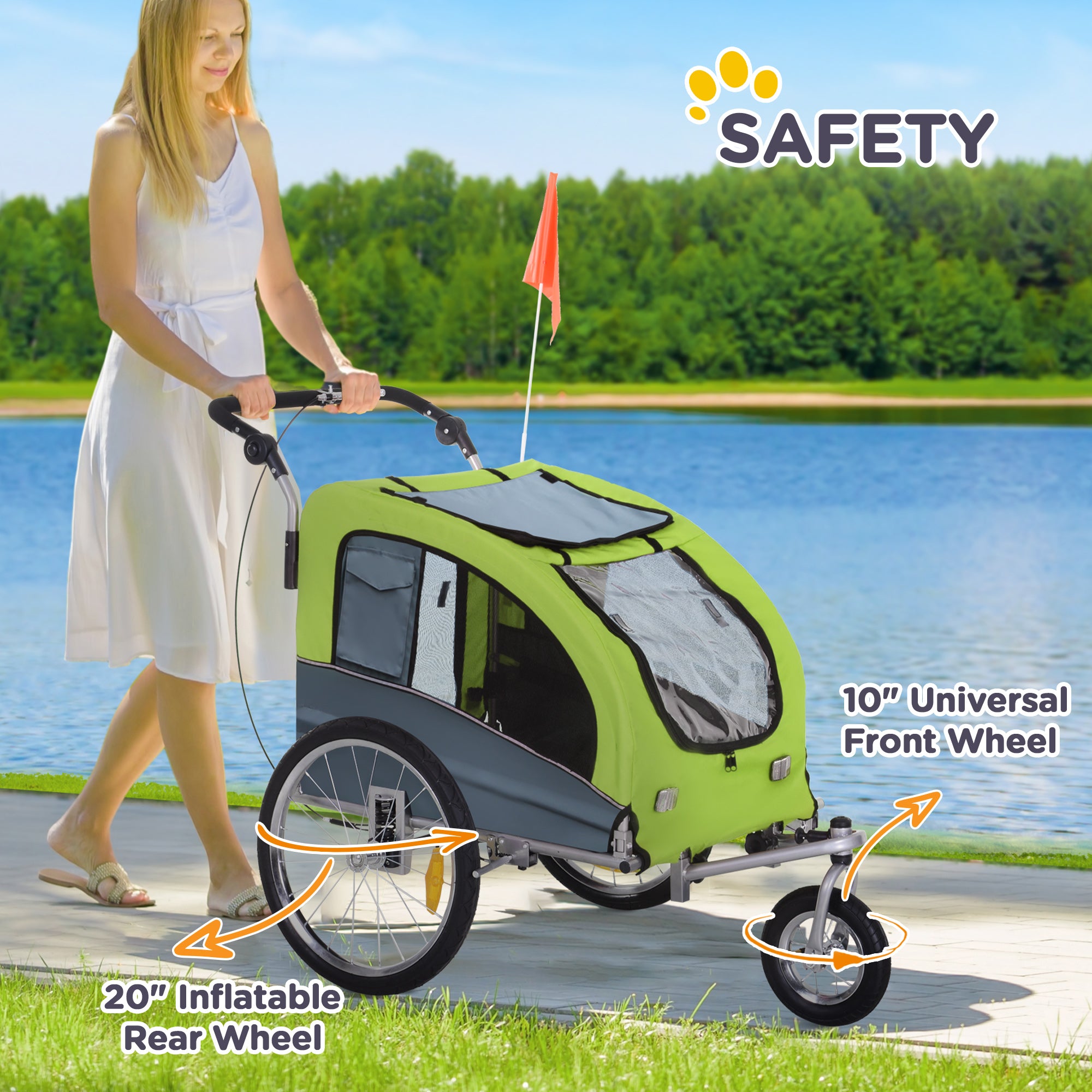 Dog Trailer Jogger Bike Trailer, Large & Sturdy, with Safety Flag, Green+Gray