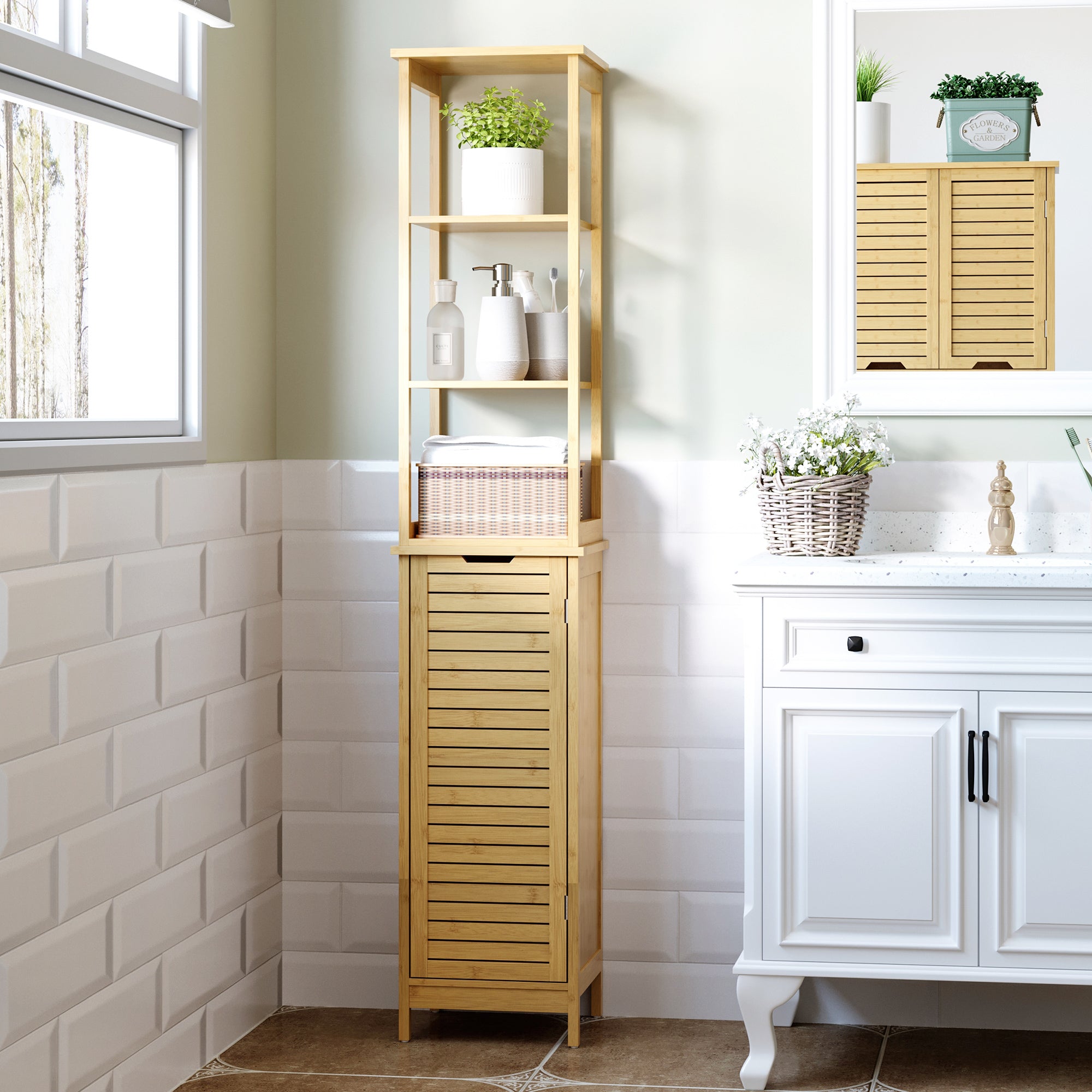 kleankin Bathroom Cabinet, 3 Open Compartments, 1 Cupboard, Bamboo