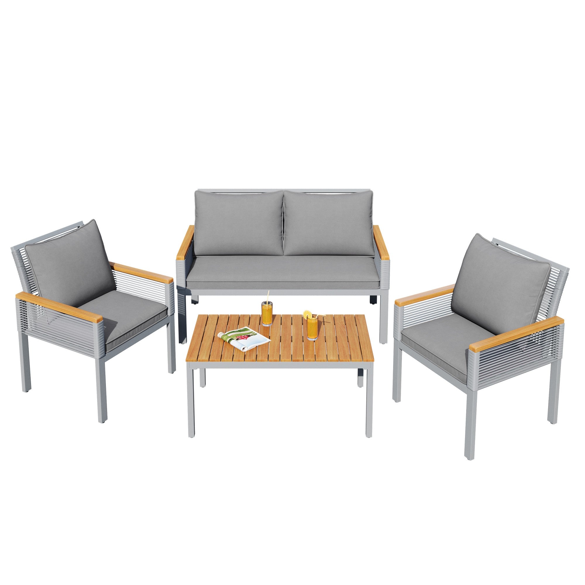 Garden Lounge Set with Double Sofa and 2 Armchairs, Grey Rattan