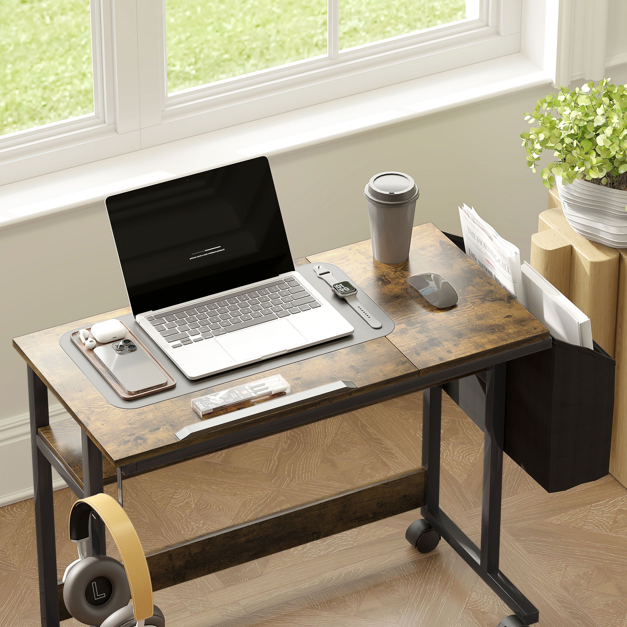 Height-Adjustable Desk, 92 x 40 cm, Tilting, Storage, Rustic Brown Steel