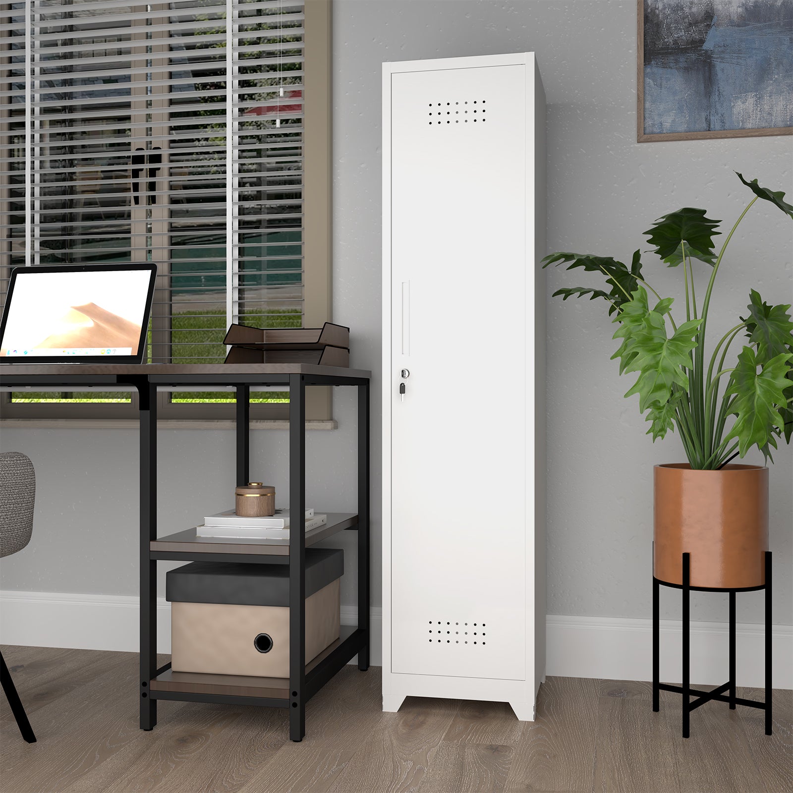 Slim Broom Storage Cabinet with Shelves, Hanging Rod and Locking Door, Metal