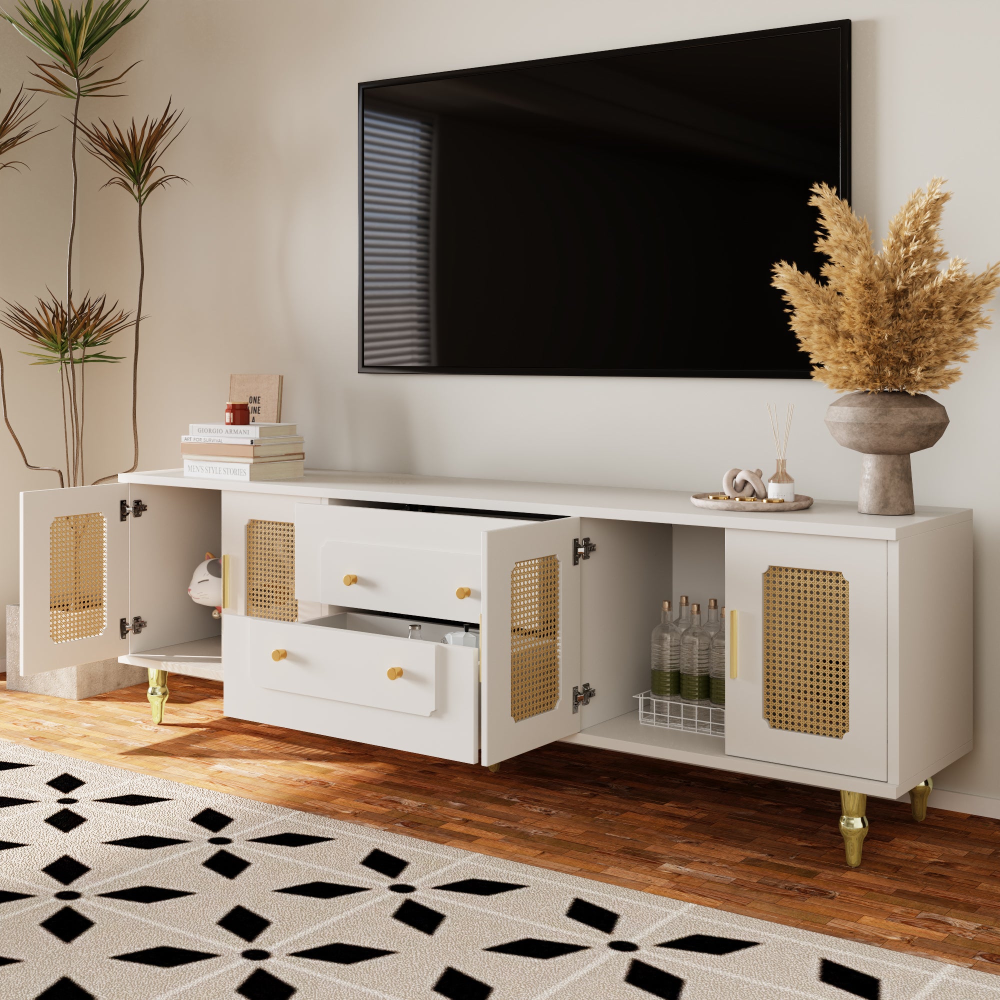 TV Cabinet, Retro Lowboard with Rattan Door & Gold Handles, Metal Legs