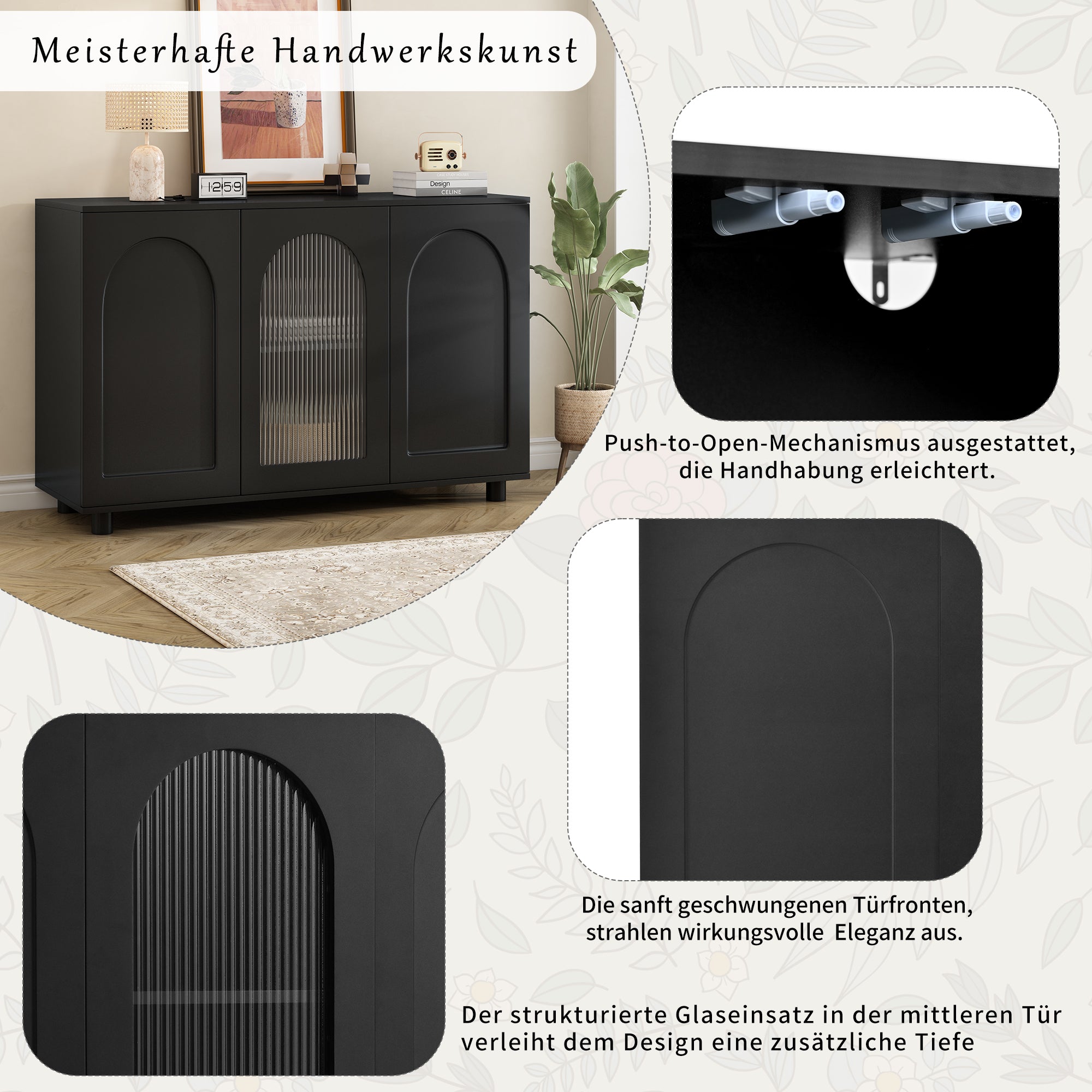 Sideboard U-Shaped Glass Door Rebounder Design - Black