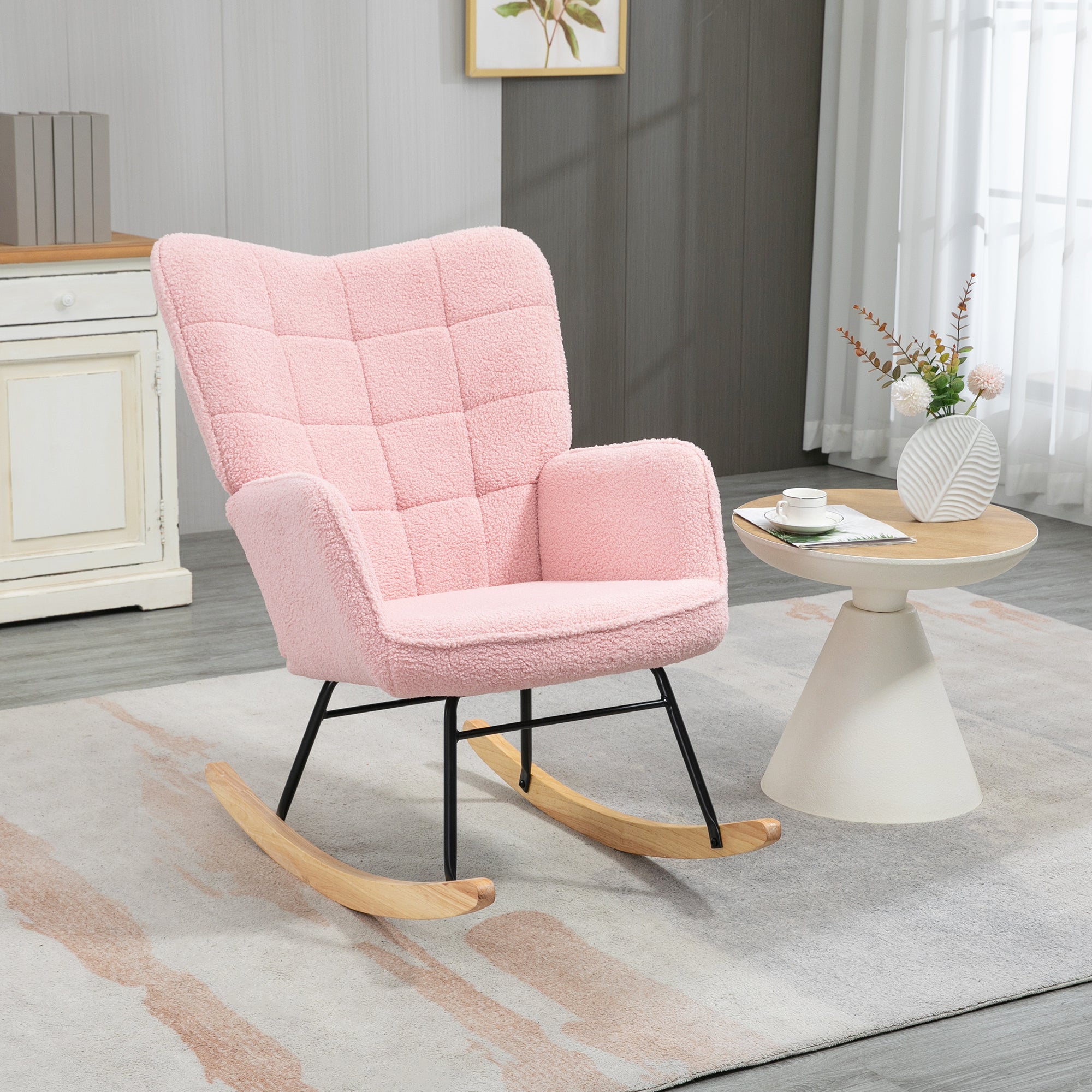 Rocking Chair Recliner Accent Max Load 120 kg Faux Lambskin Pink