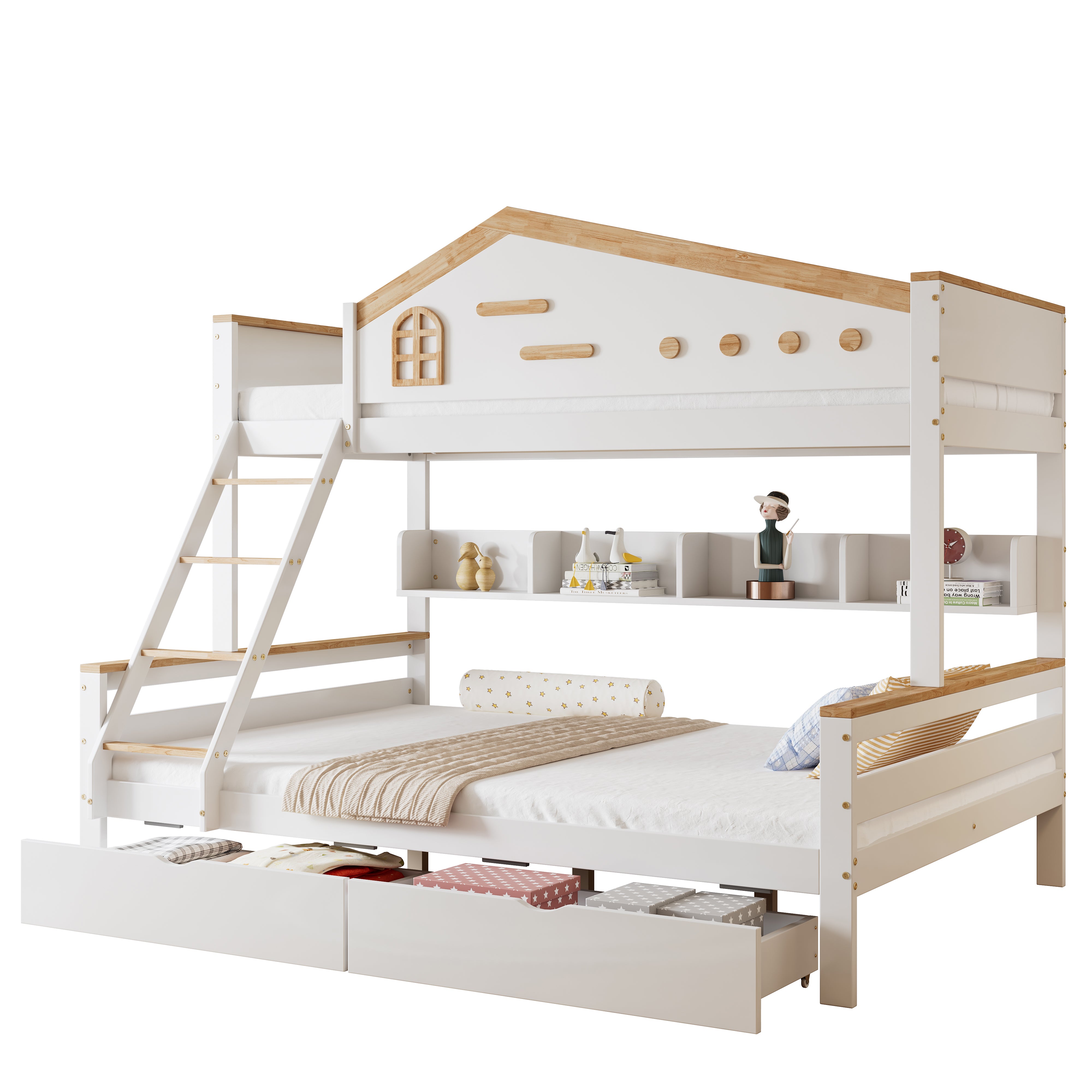 Bunk Bed, Children's with Drawers & Ladder, Pine+MDF White+Natural