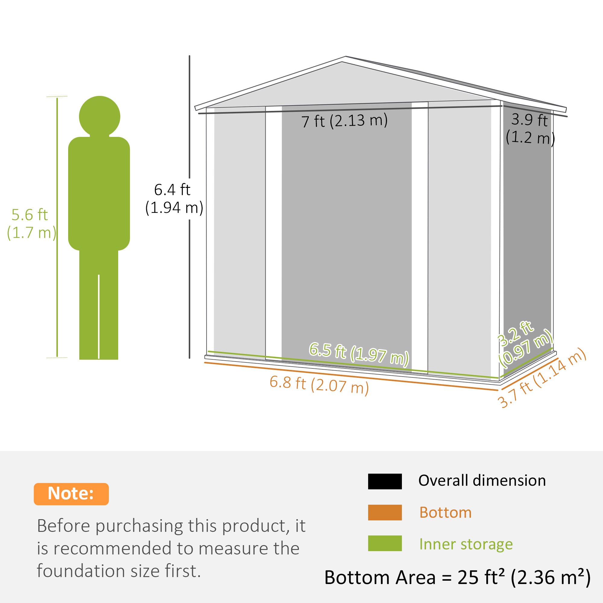 7 x 4ft Garden Shed, Easy Assemble Galvanised Steel Frame with Double Doors and Lock, Green