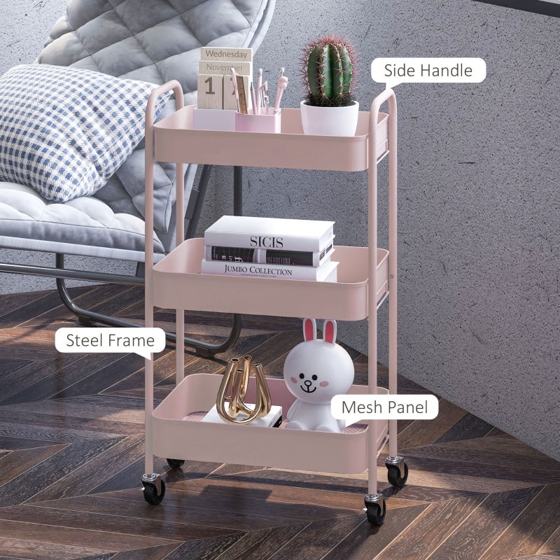 Three-Tier Storage Trolley, Multi-Purpose Steel, Pink