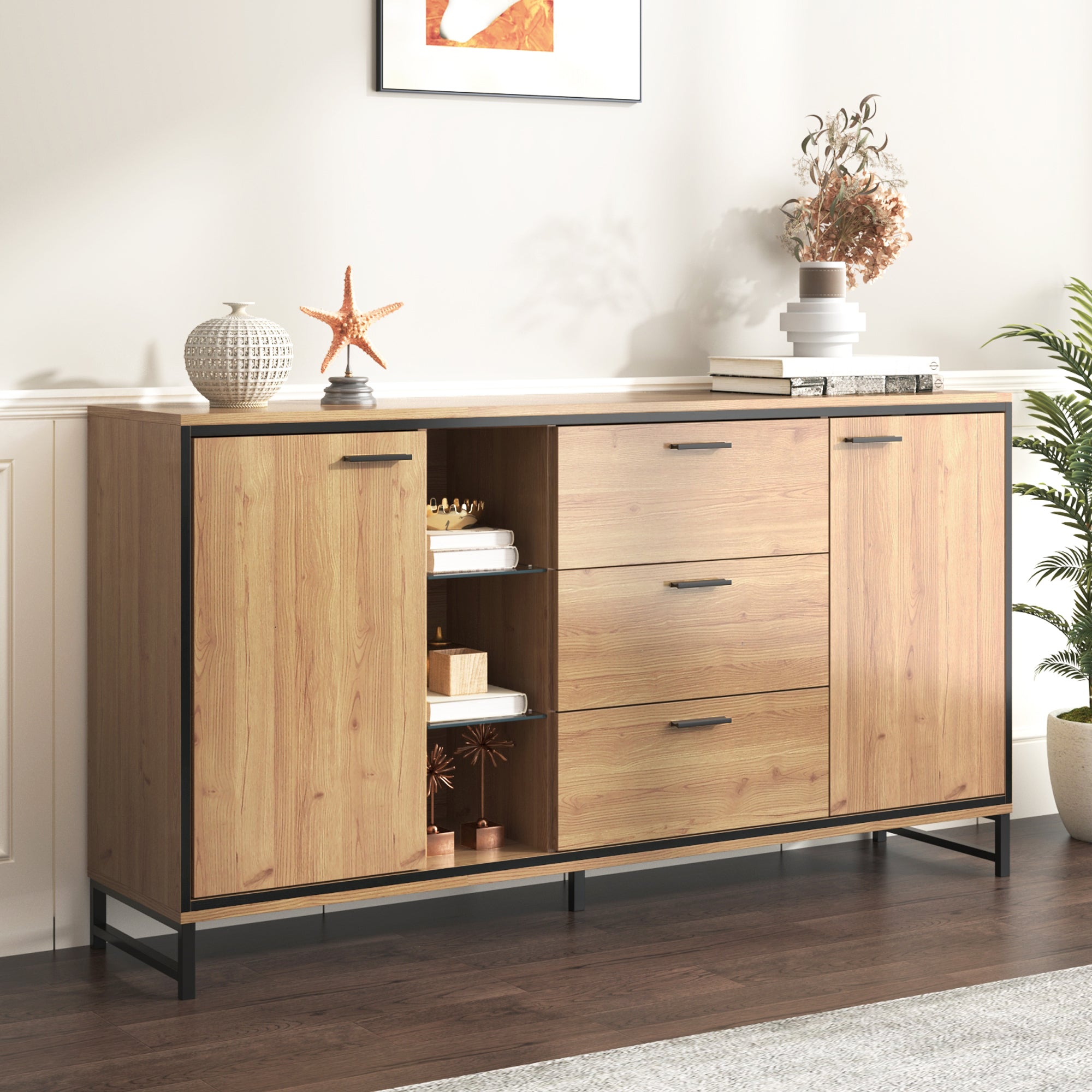 Sideboard with Three Drawers, Storage Compartments, Black and Wood Color