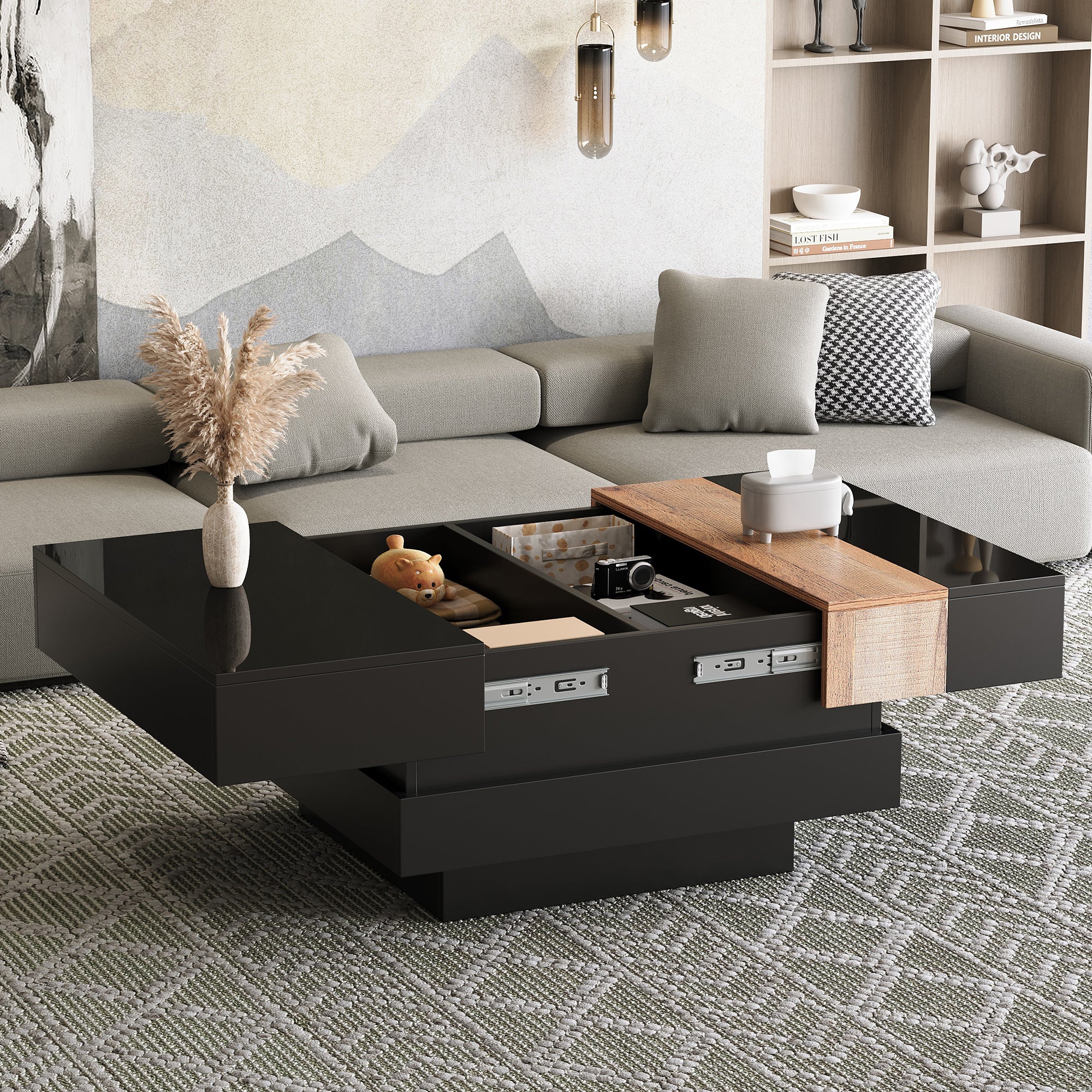 Extendable Coffee Table Hidden Storage High-Gloss - Black