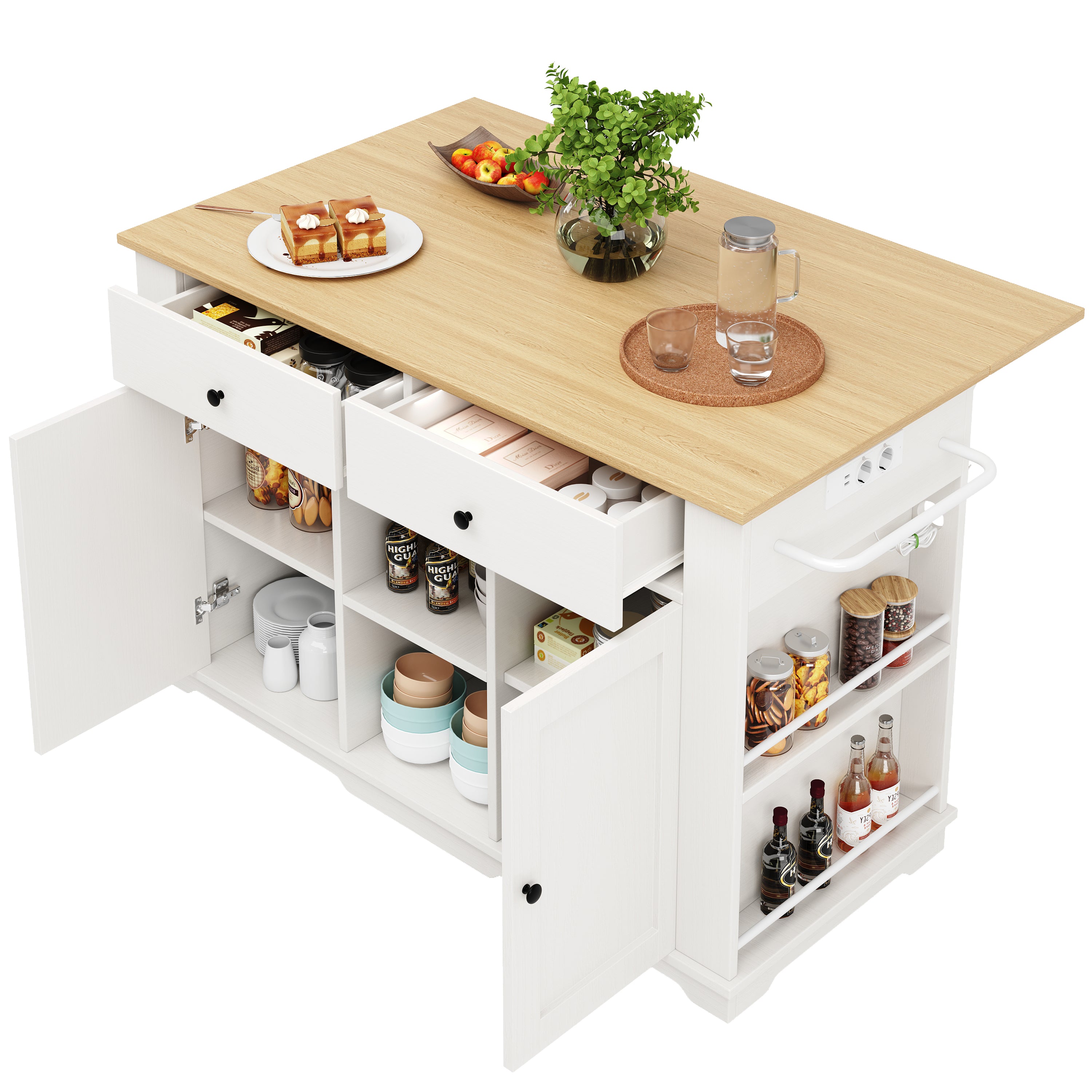 Kitchen Island Trolley Worktop Power Strip Wood Grain White