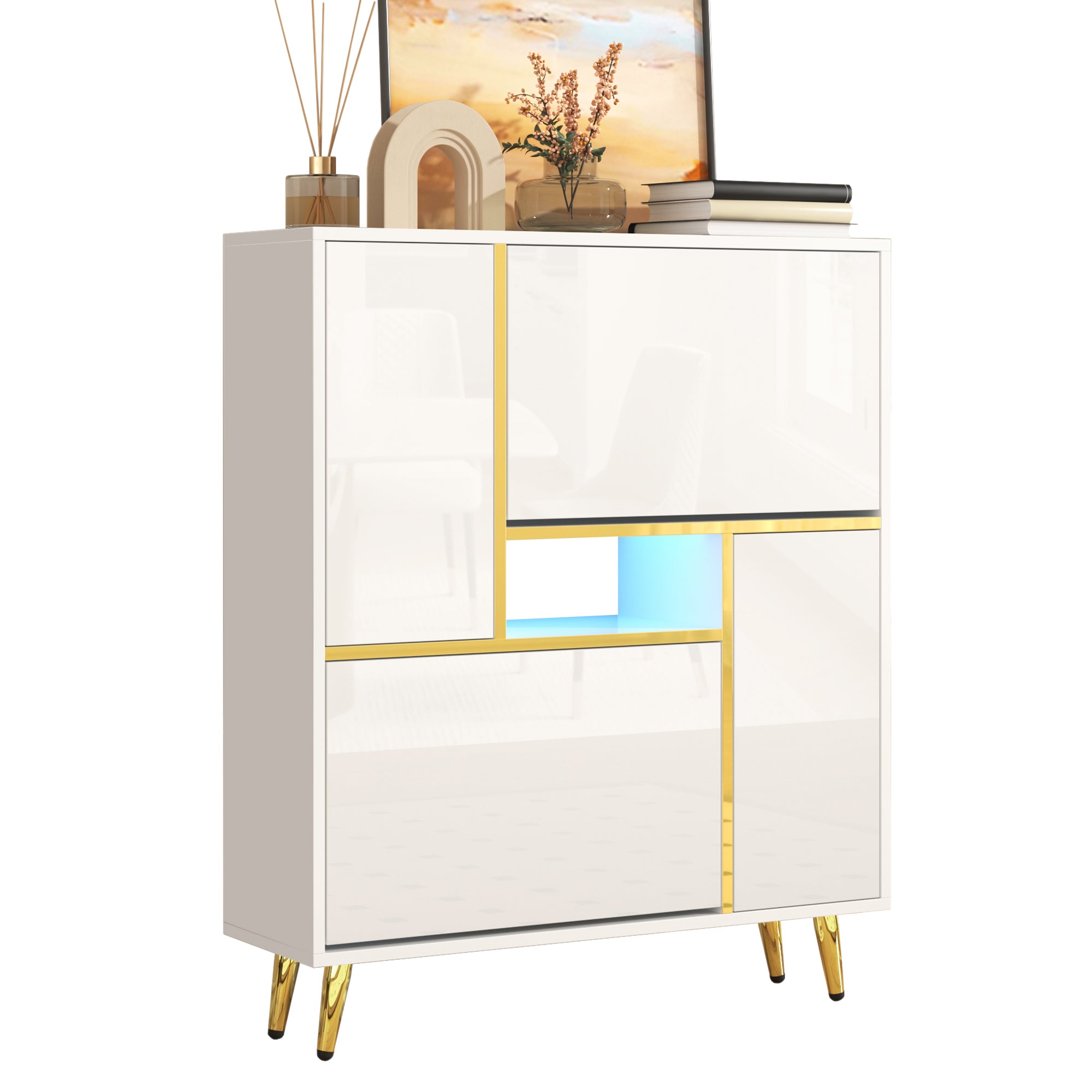 Modern Shoe Cabinet with 16-Color LED Light, White High-Gloss