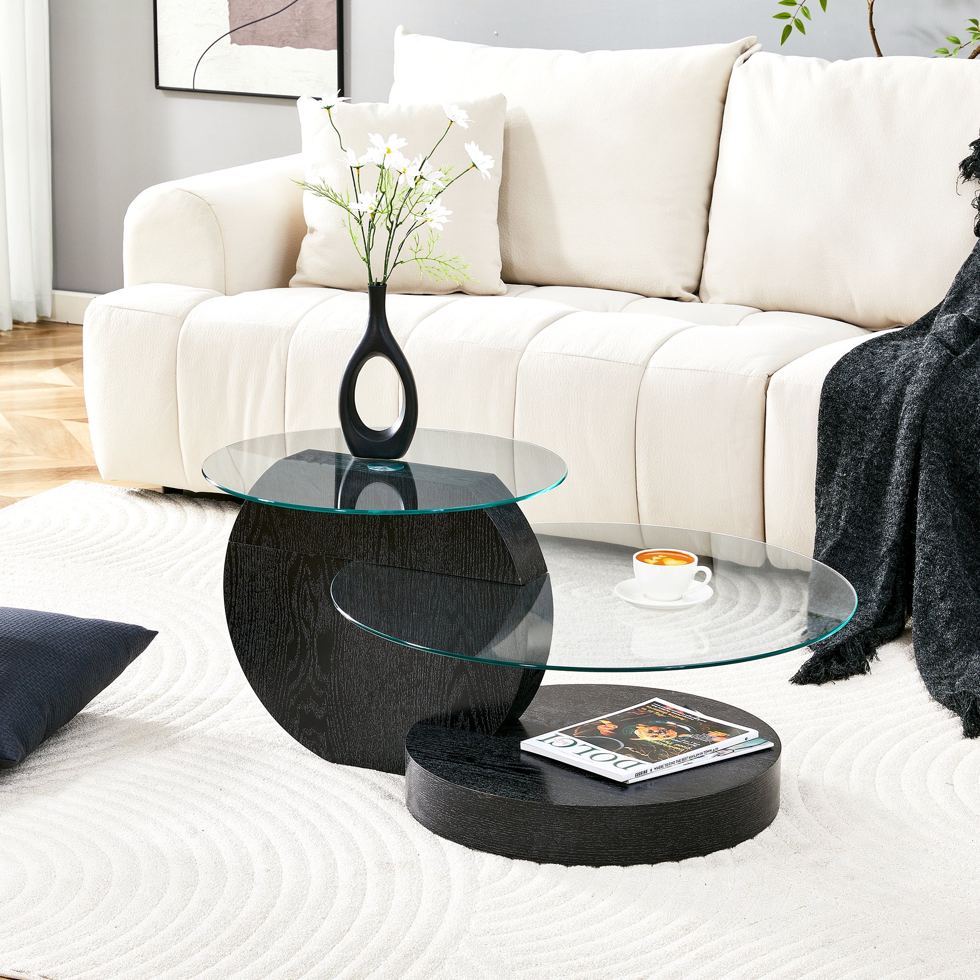 Modern Minimalist Coffee Table with Two-Layer Safety Glass and Multi-Tiered Design, Black Wood Grain Finish