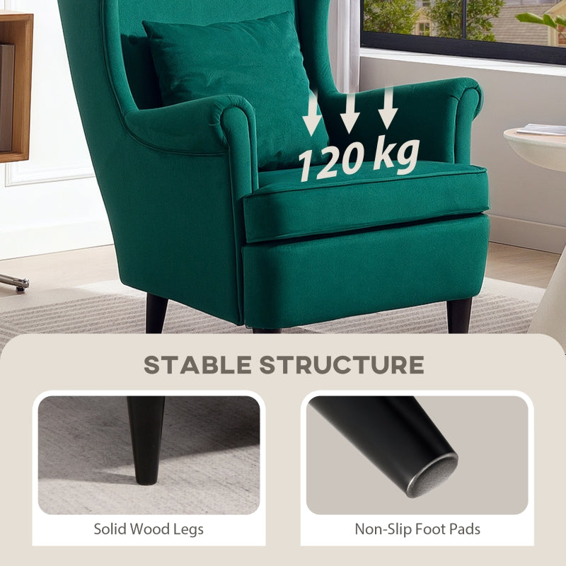Modern Accent Chair, High Back Wingback Armchair with Pillow, Dark Green Velvet-Feel Fabric