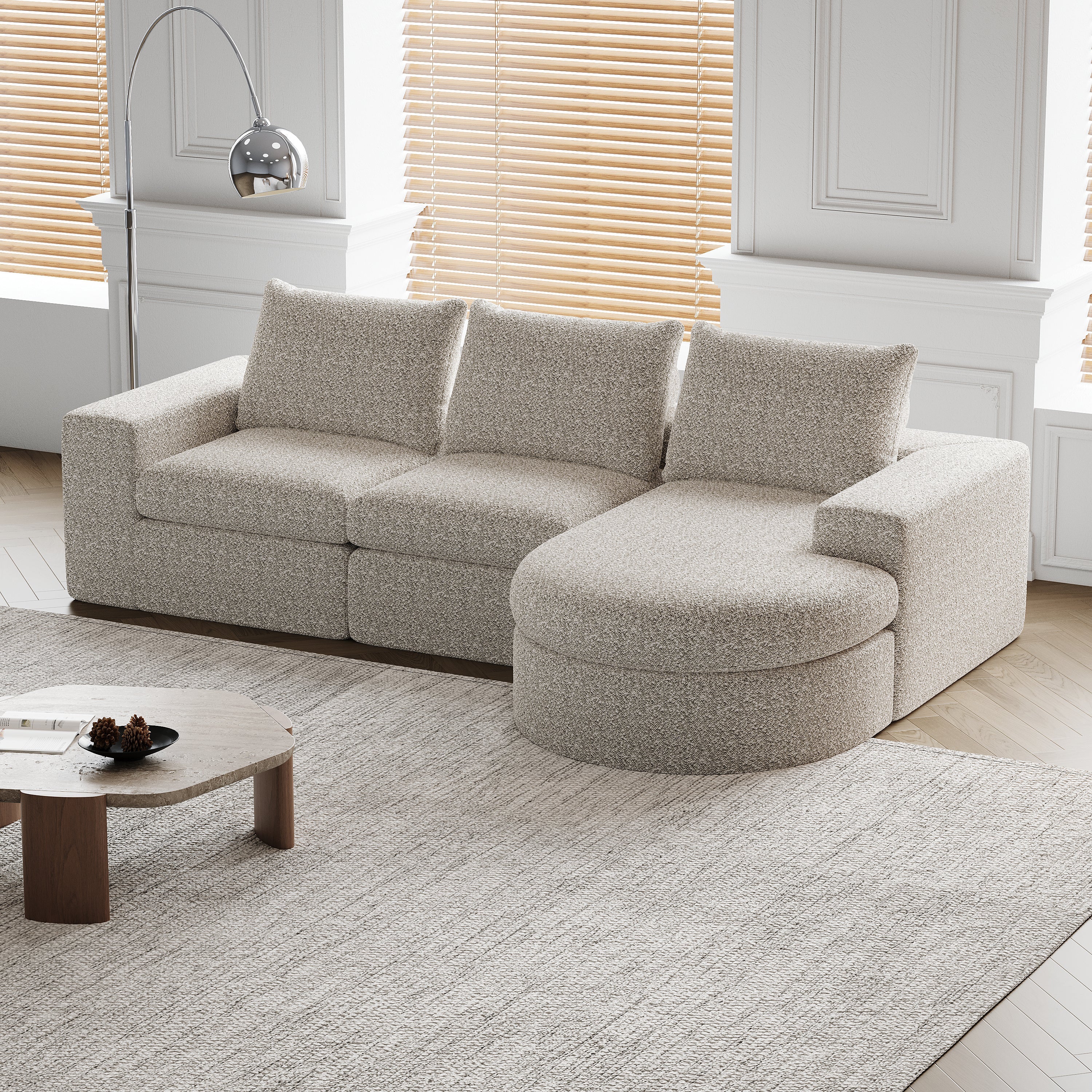 Chenille Sofa with Curved Elements, Lounge Chair, Modular L-Lounger, Foam
