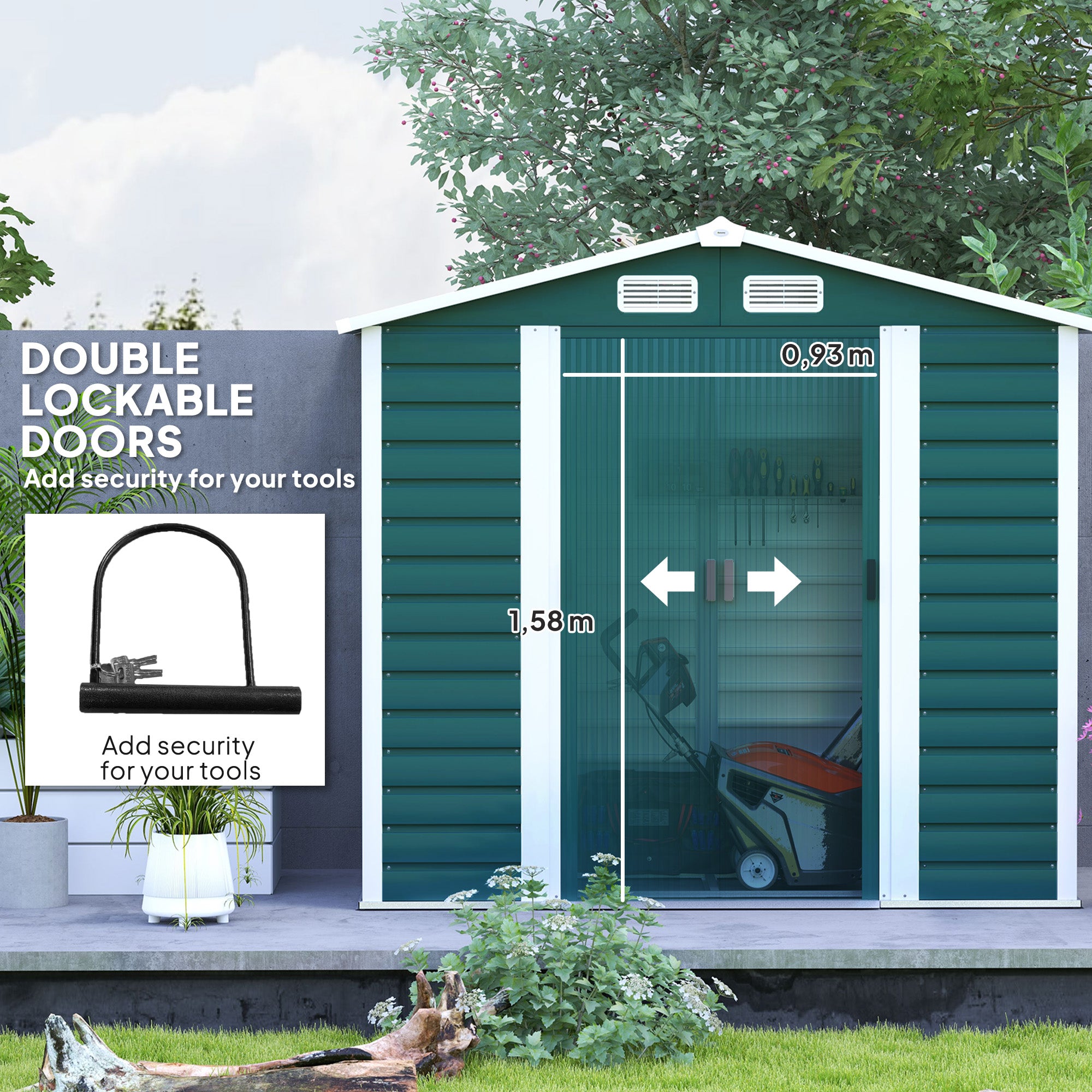 7 x 4ft Garden Shed, Easy Assemble Galvanised Steel Frame with Double Doors and Lock, Green