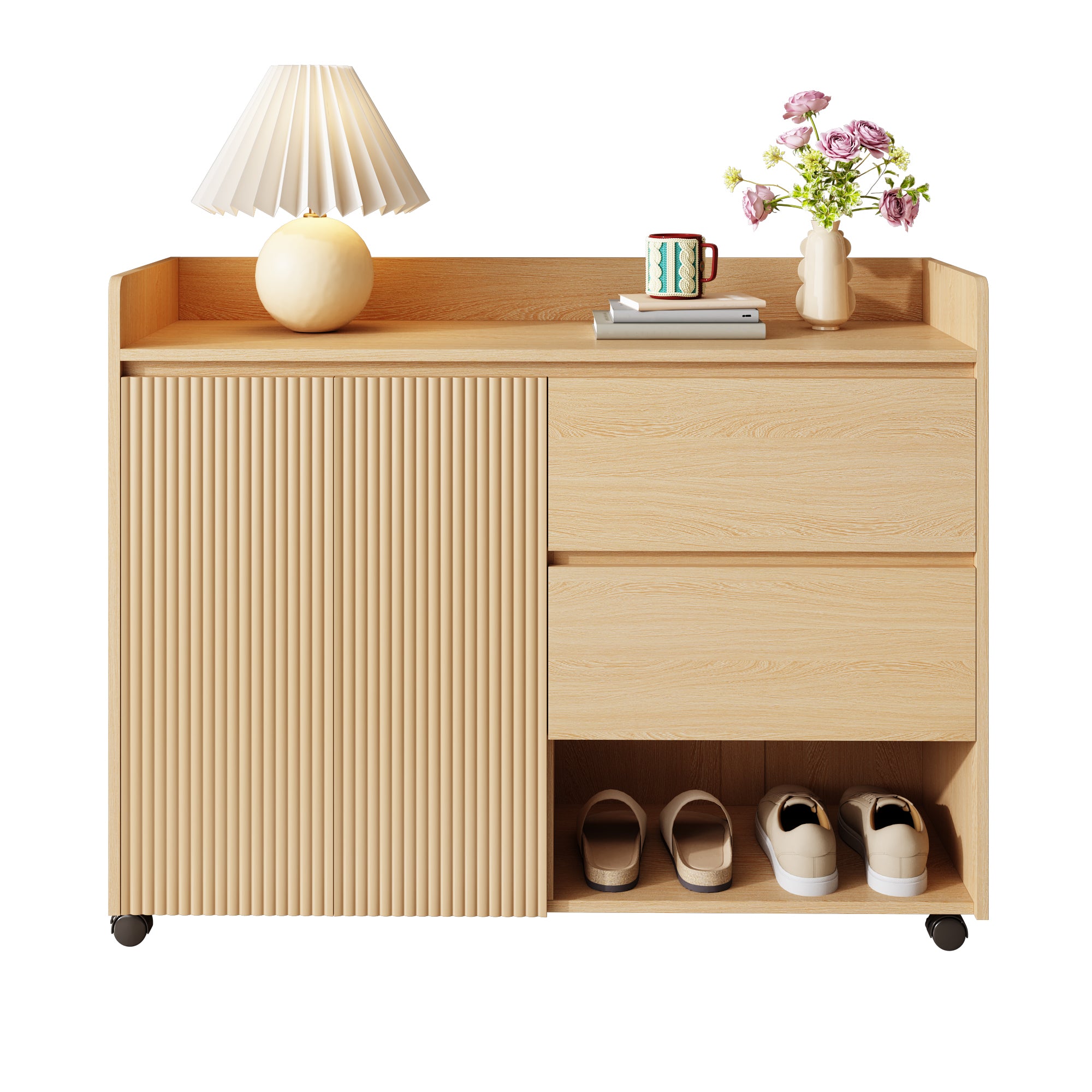 Shoe Cabinet, Movable with Adjustable Shelves, Soft-Closing Hinge, Natural MDF
