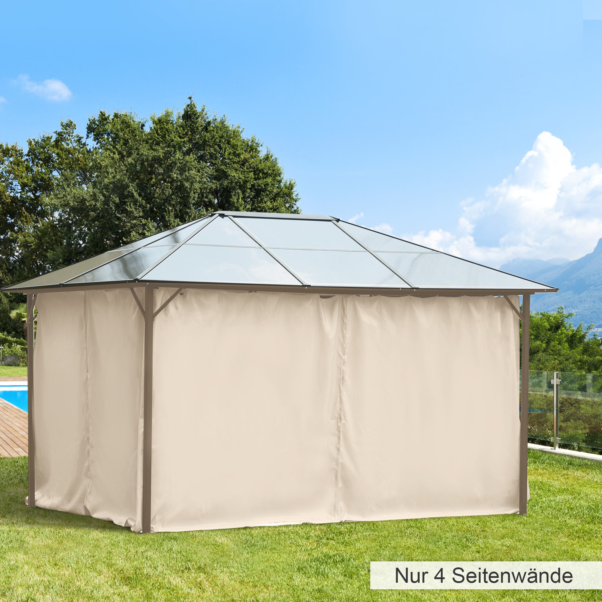 Pavilion Party Tent 3x4m with 4 Side Panels, Polyester Beige