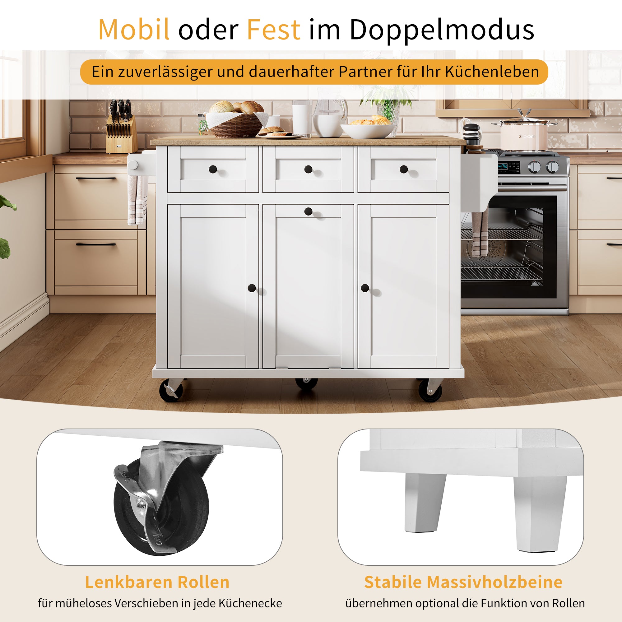 Mobile Kitchen Island Extendable Dining Area with Waste Bin & Drawers, White