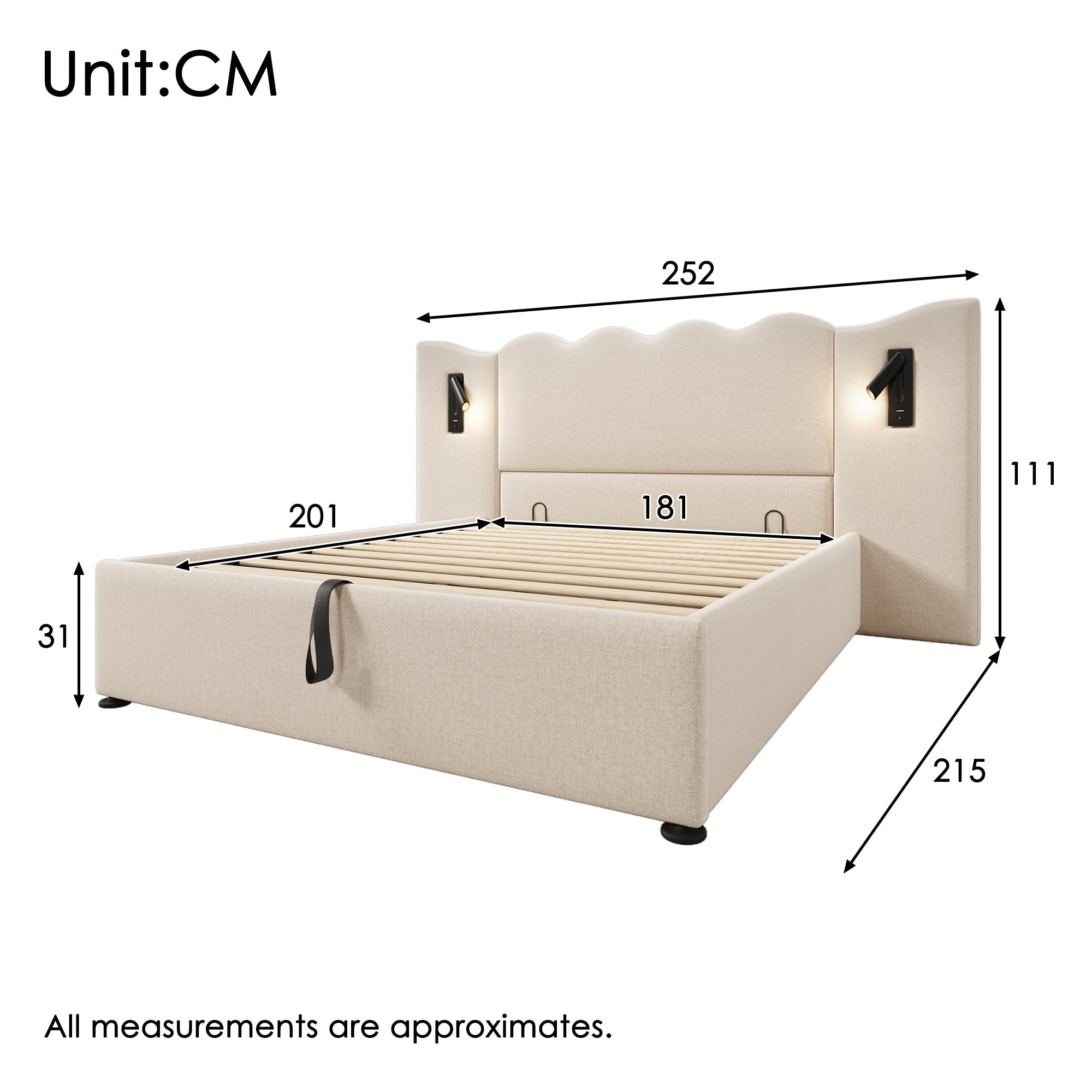 Upholstered Double Bed 180x200 with Reading Lamp and USB-C Charging, Storage Bed Frame, Beige Linen
