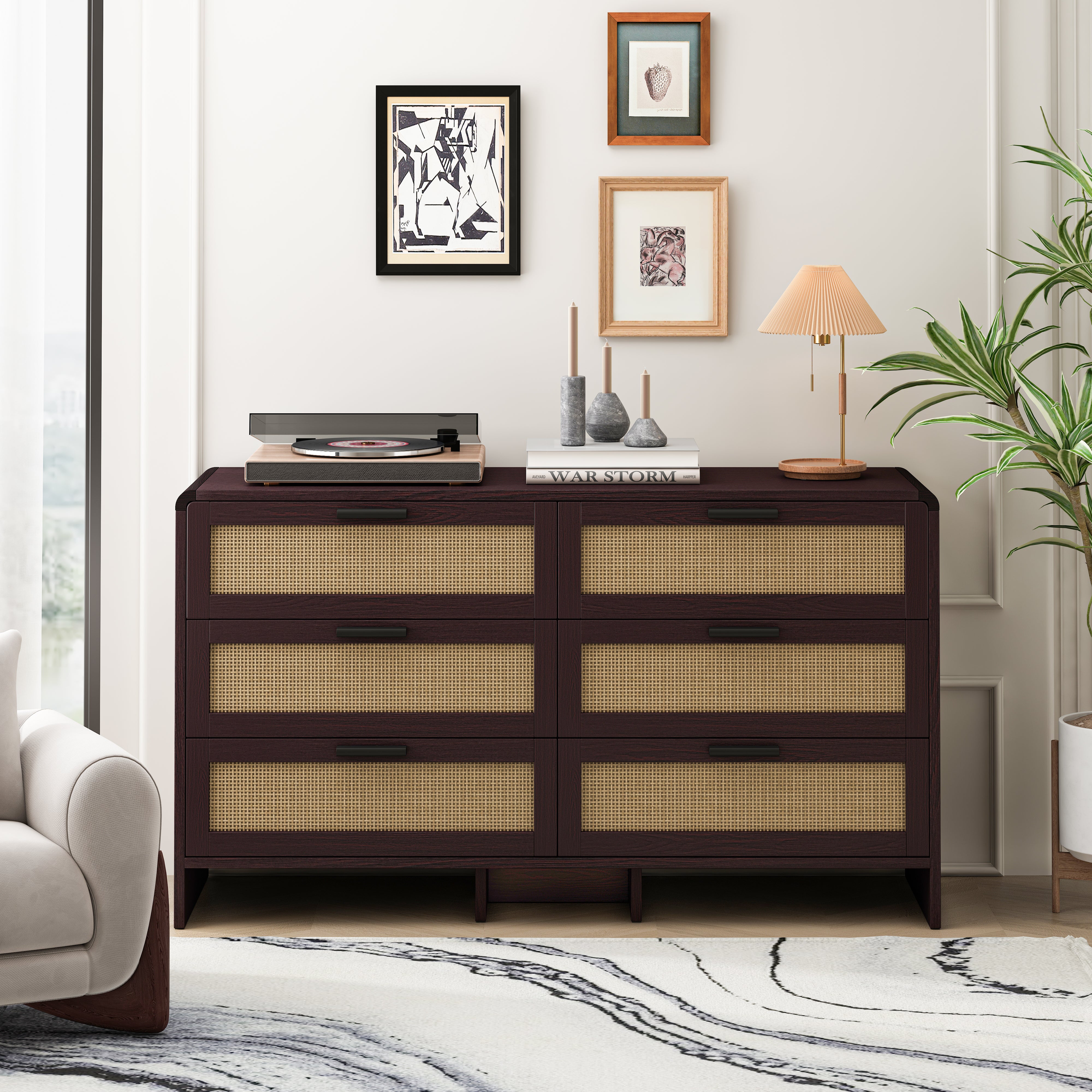 Rattan Cabinet, 130CM Arc Shaped Corner 6-Drawer Storage, Reddish-brown