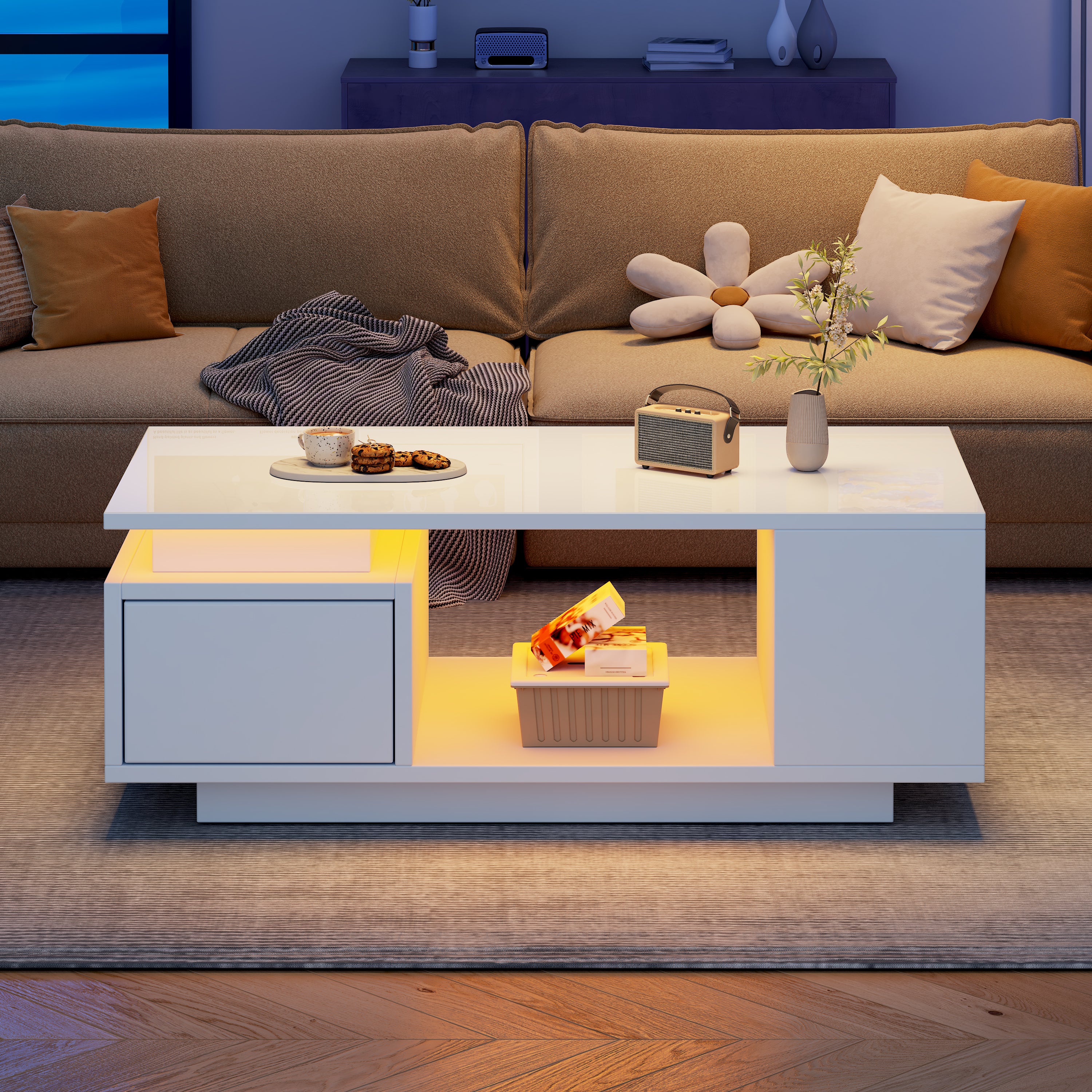 Coffee Table 100x50x36cm High-Gloss LED Side Table with Drawer and Storage White