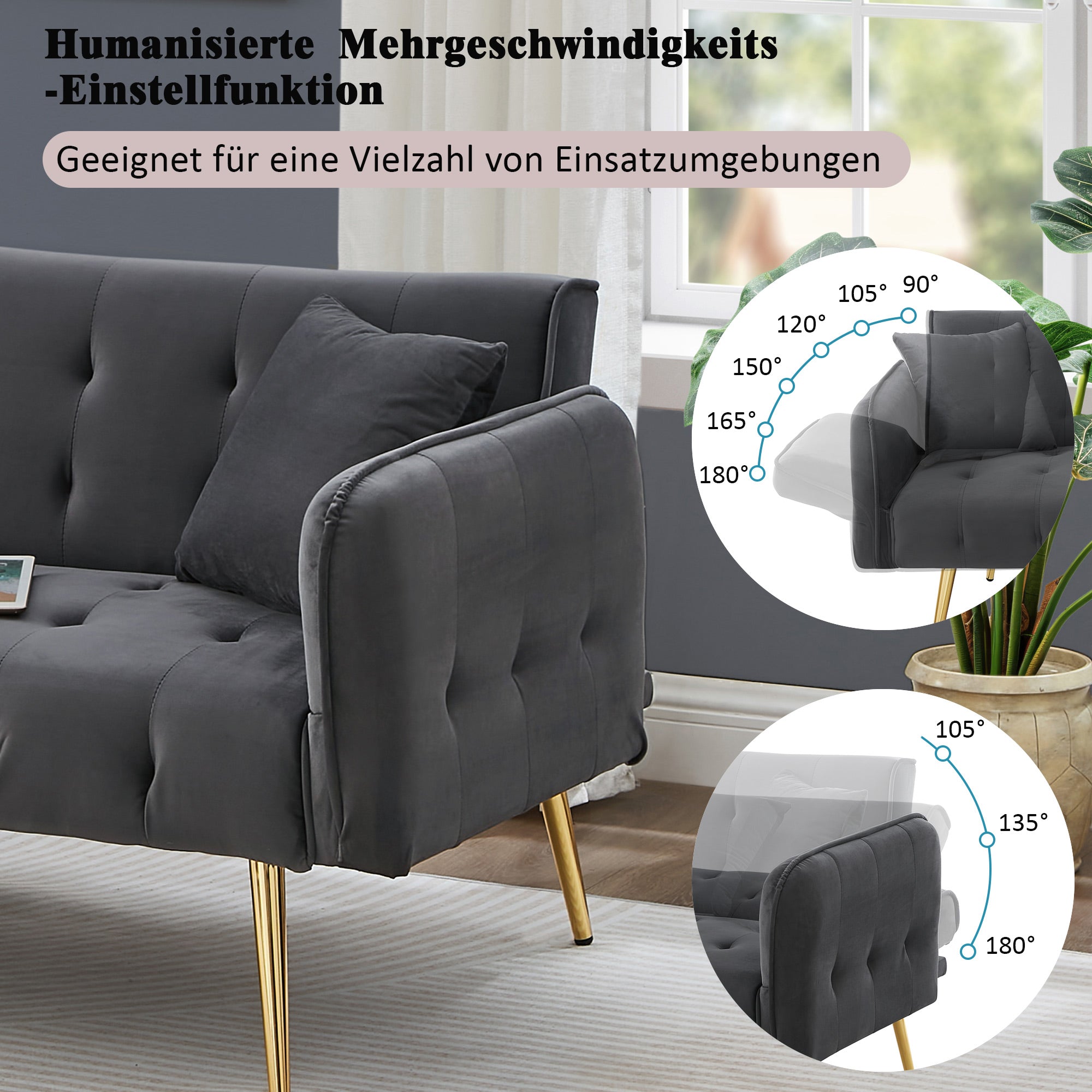 Sofa Bed, Two-Seater Multifunctional with Adjustable Backrest & Armrests, Velour