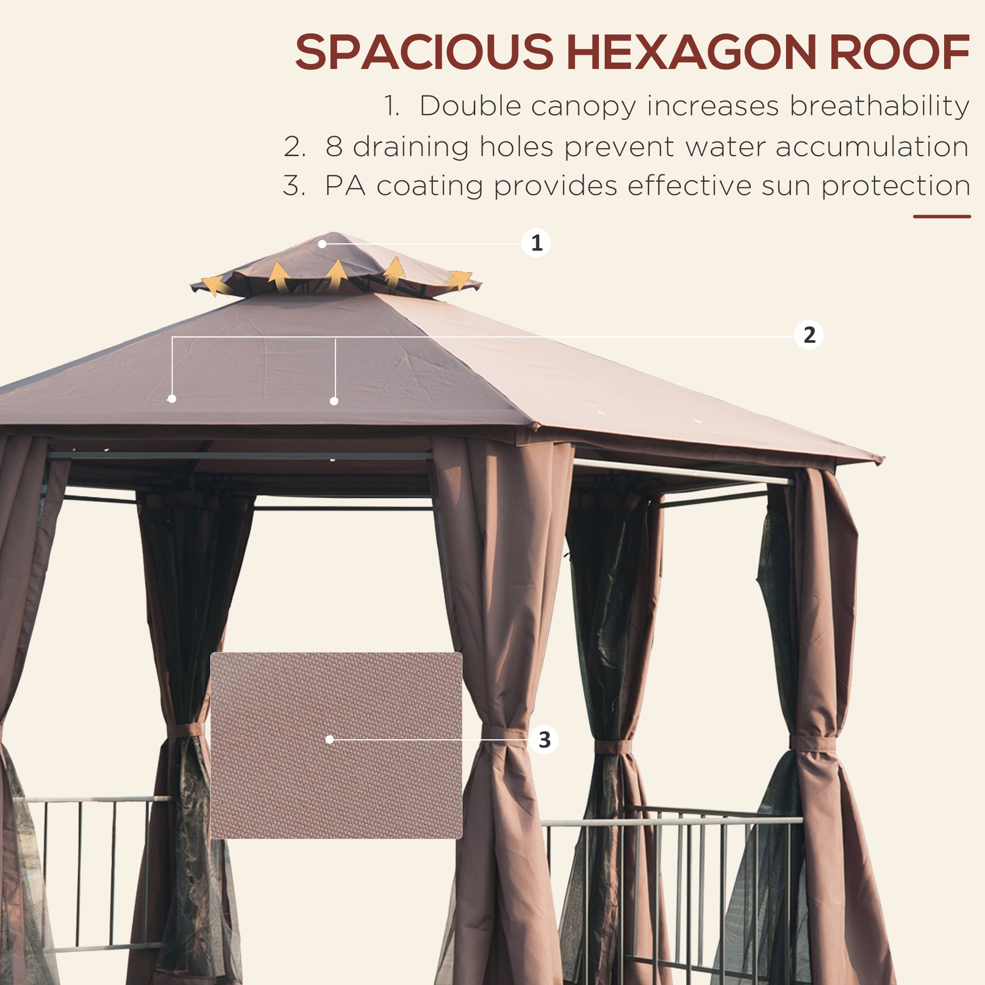 3 x 3m Hexagon Gazebo Patio Canopy Party Tent 2 Tier Roof Side Panel Brown