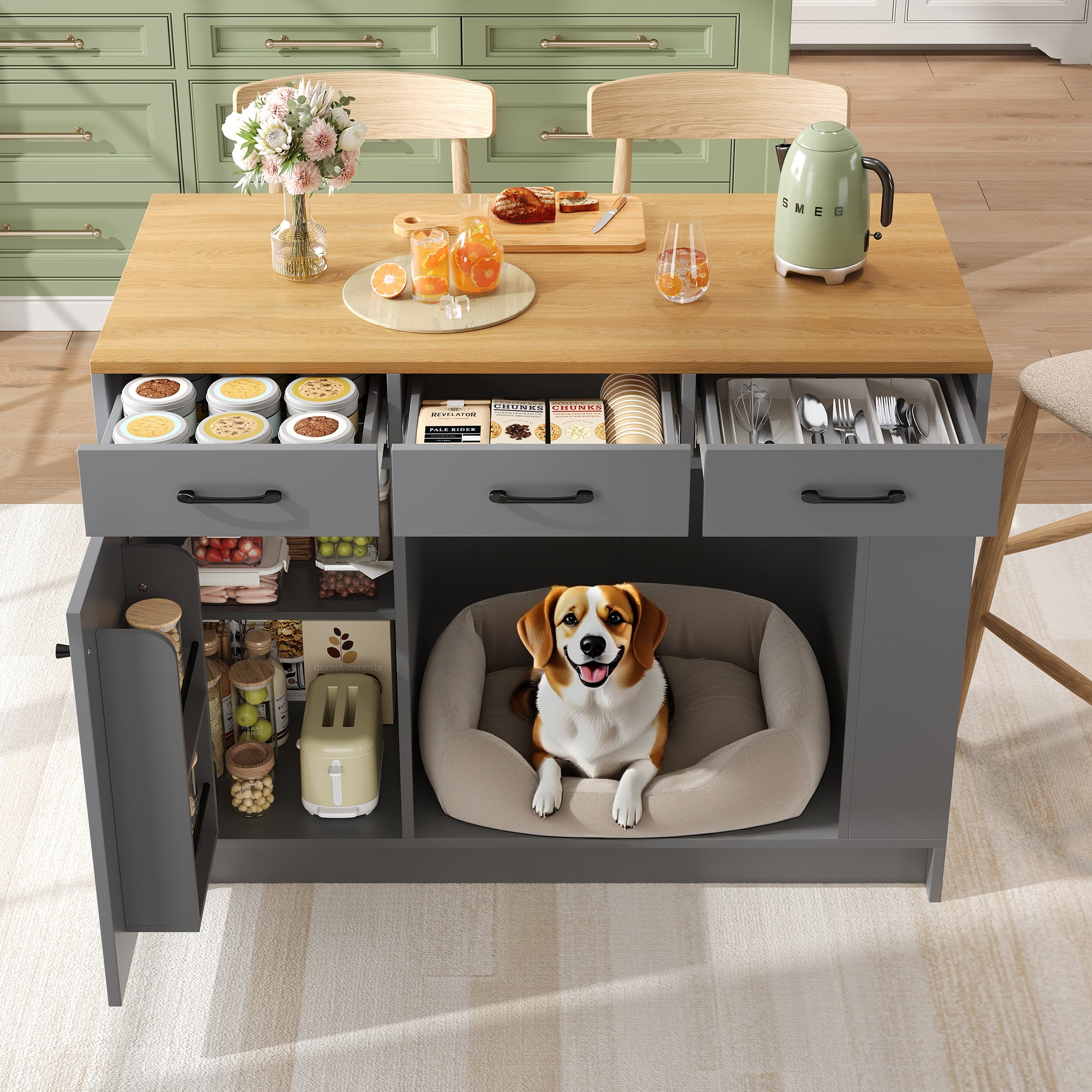 Kitchen Island with 3 Drawers, Spice Rack and Pet Storage Area, Grey