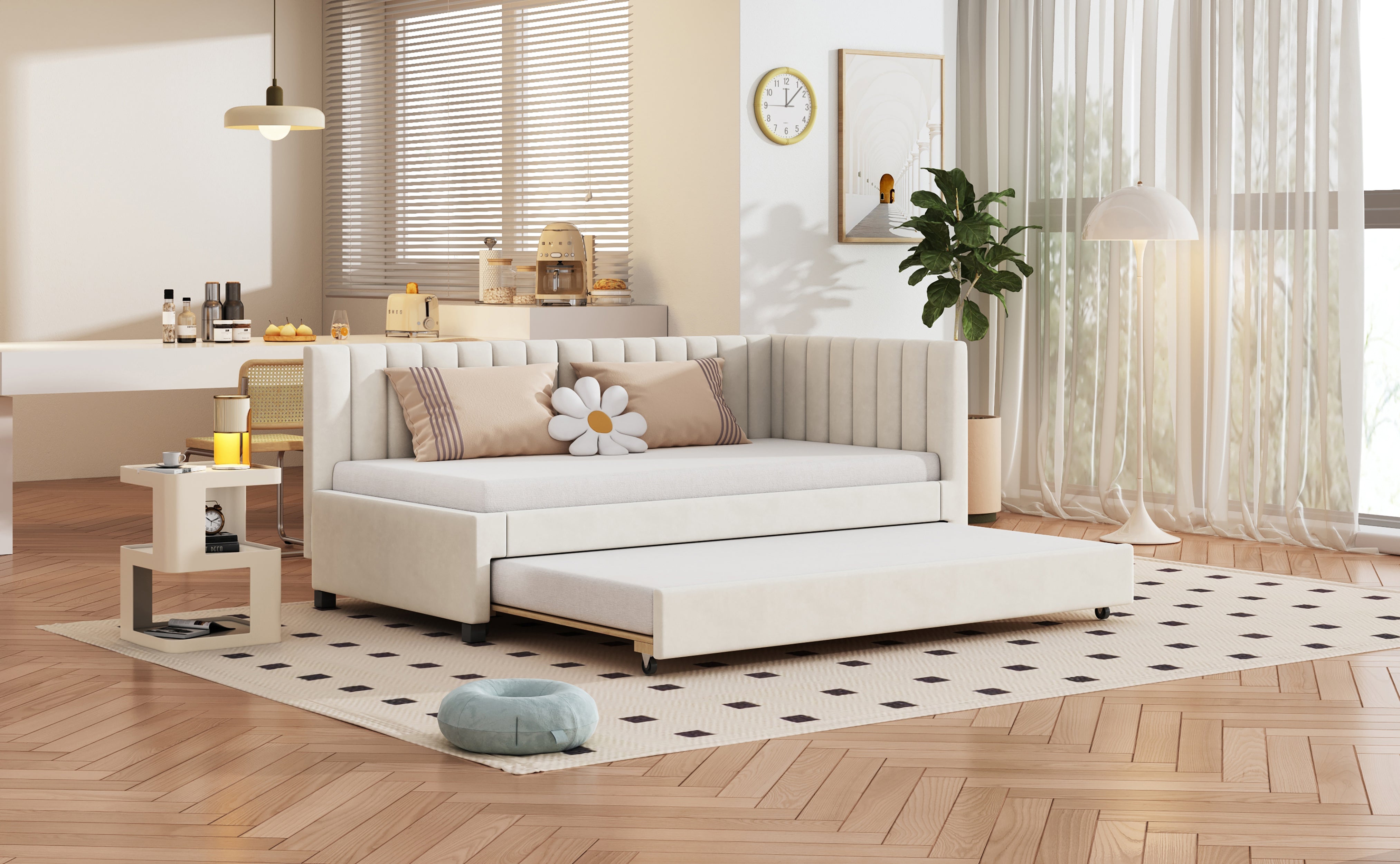 Upholstered Bed 90*200, Pull-Out Sofa Bed, Multifunctional with Slatted Frame, Velvet Fabric Beige