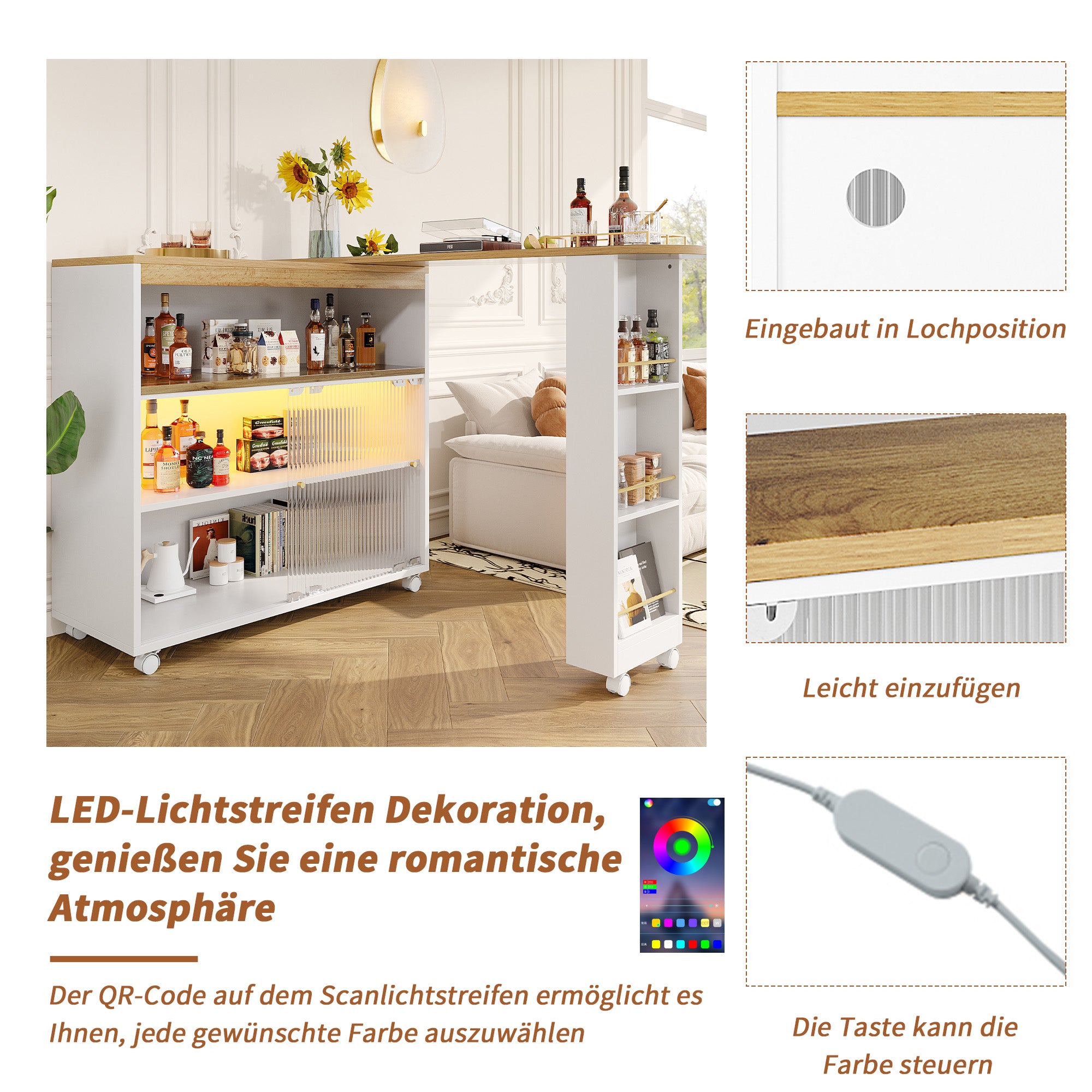 Extendable Bar Table, Movable Telescopic with LED, White