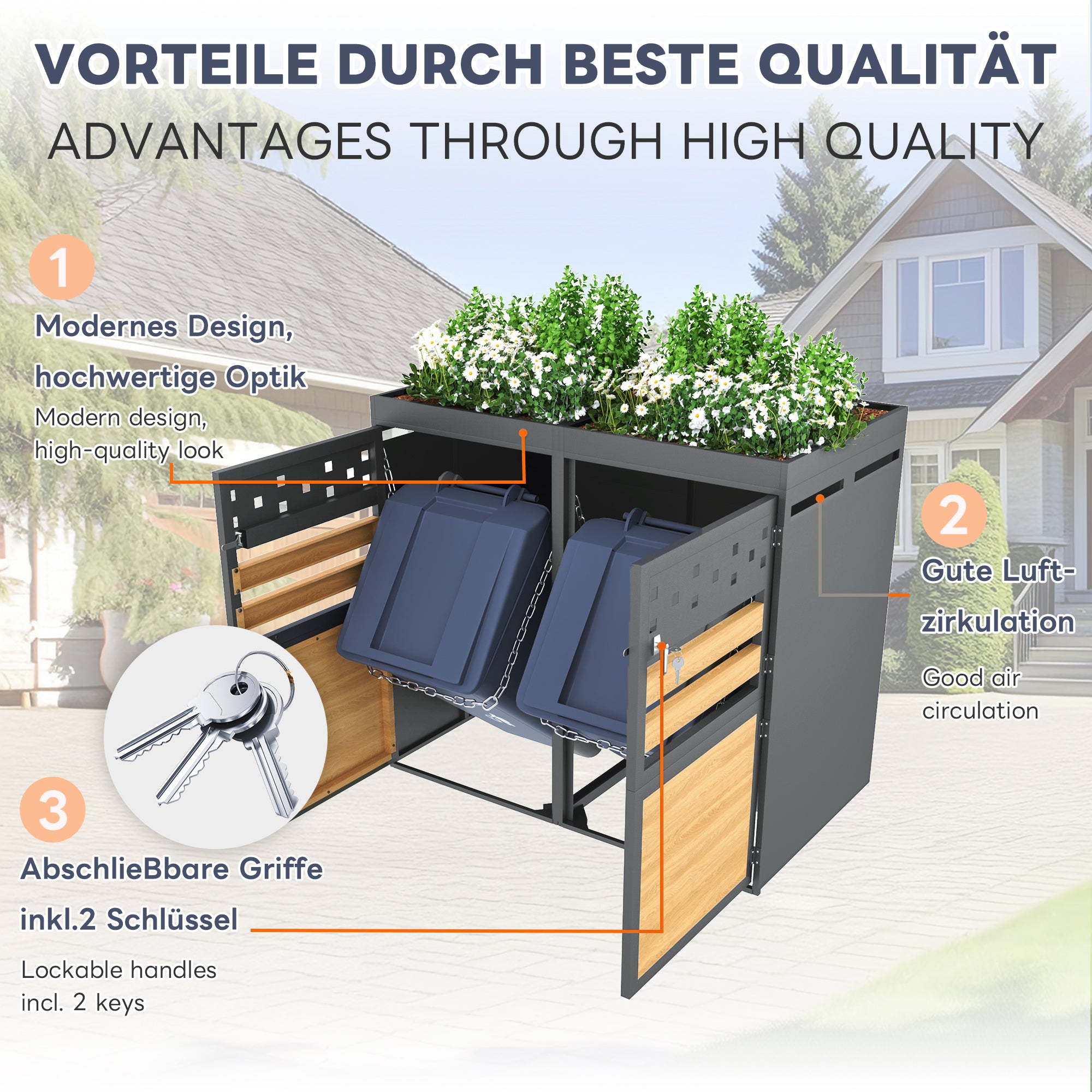 Garbage Can Storage Box for 2, with Planting Roof, 120-240 Liters, Anthracite Wood-Look