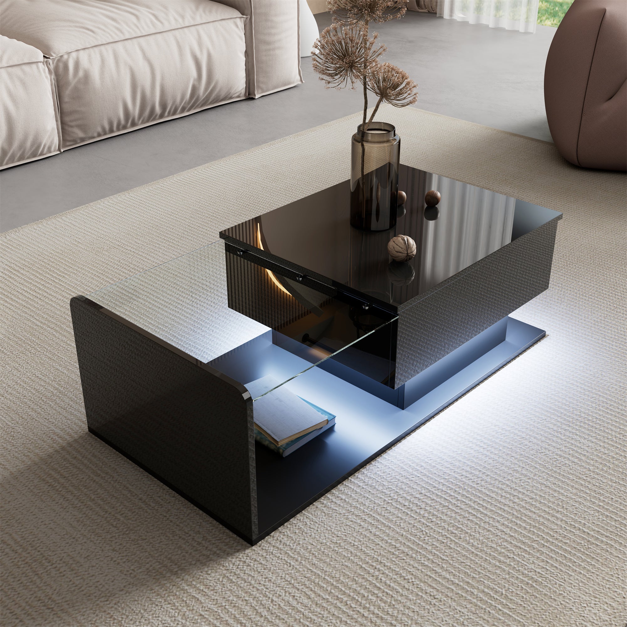 Coffee Table with Glass & LED, High-Gloss Black