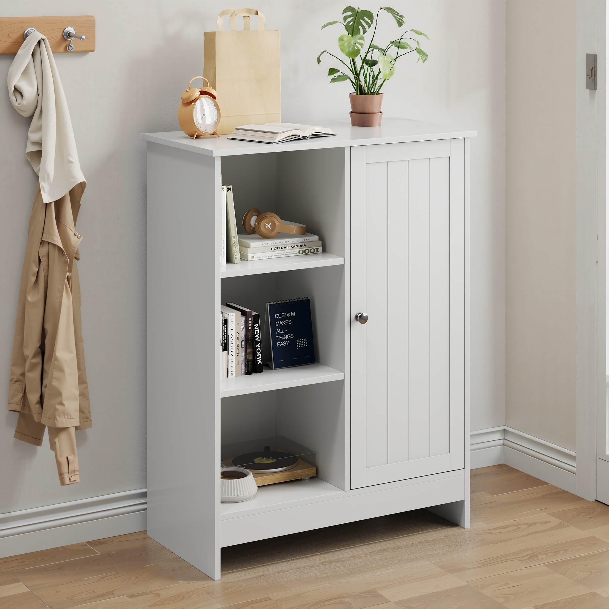Bathroom cabinet freestanding storage rack 60 x 30 x 80 cm, floor storage with 1 cabinet, 3 open compartments, adjustable shelves, white