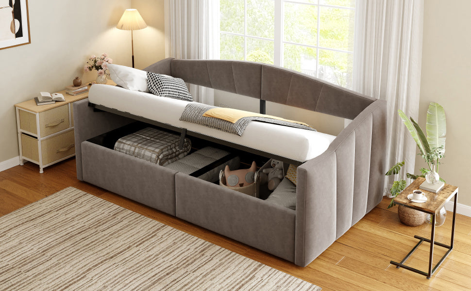 Sofa Bed, Upholstered with Hydraulic Storage, Slatted Frame & Armrests, Striped Velvet, Grey