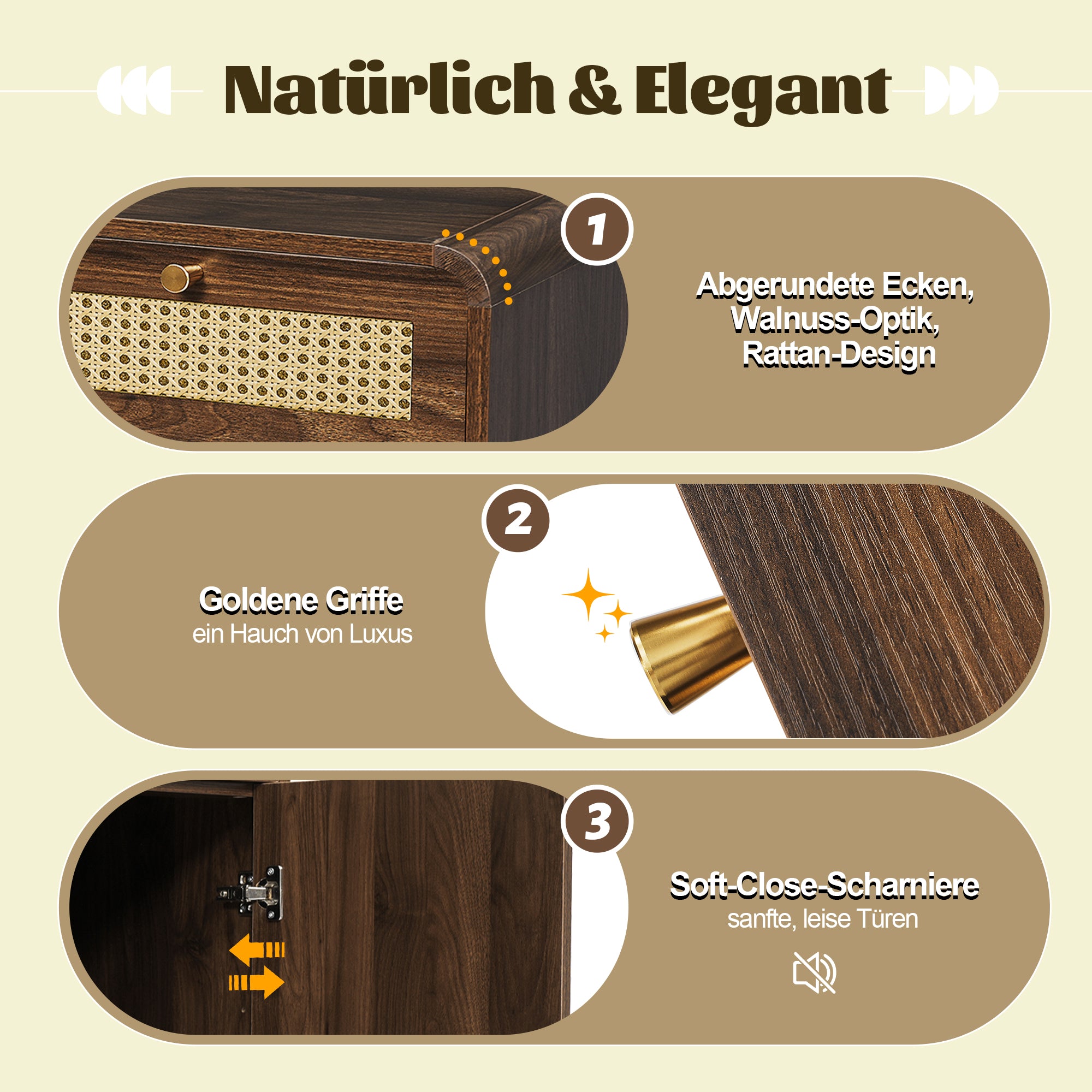 Chest of drawers/sideboard, 3 Drawers 2 Cabinets Rattan Gold Handles, 120cm Walnut