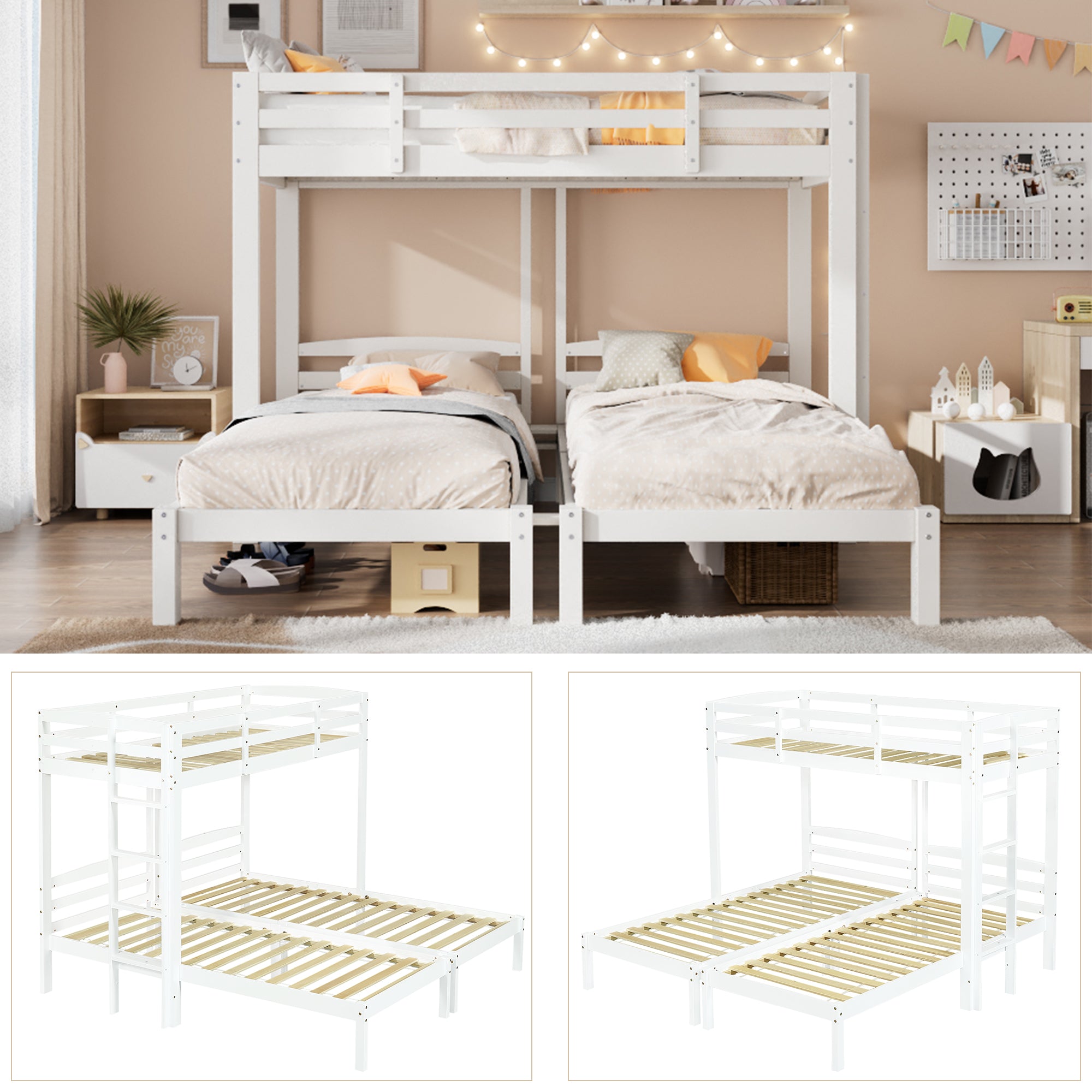 Triple Bunk Bed 90x200cm Side Ladder for Children/Teens, White