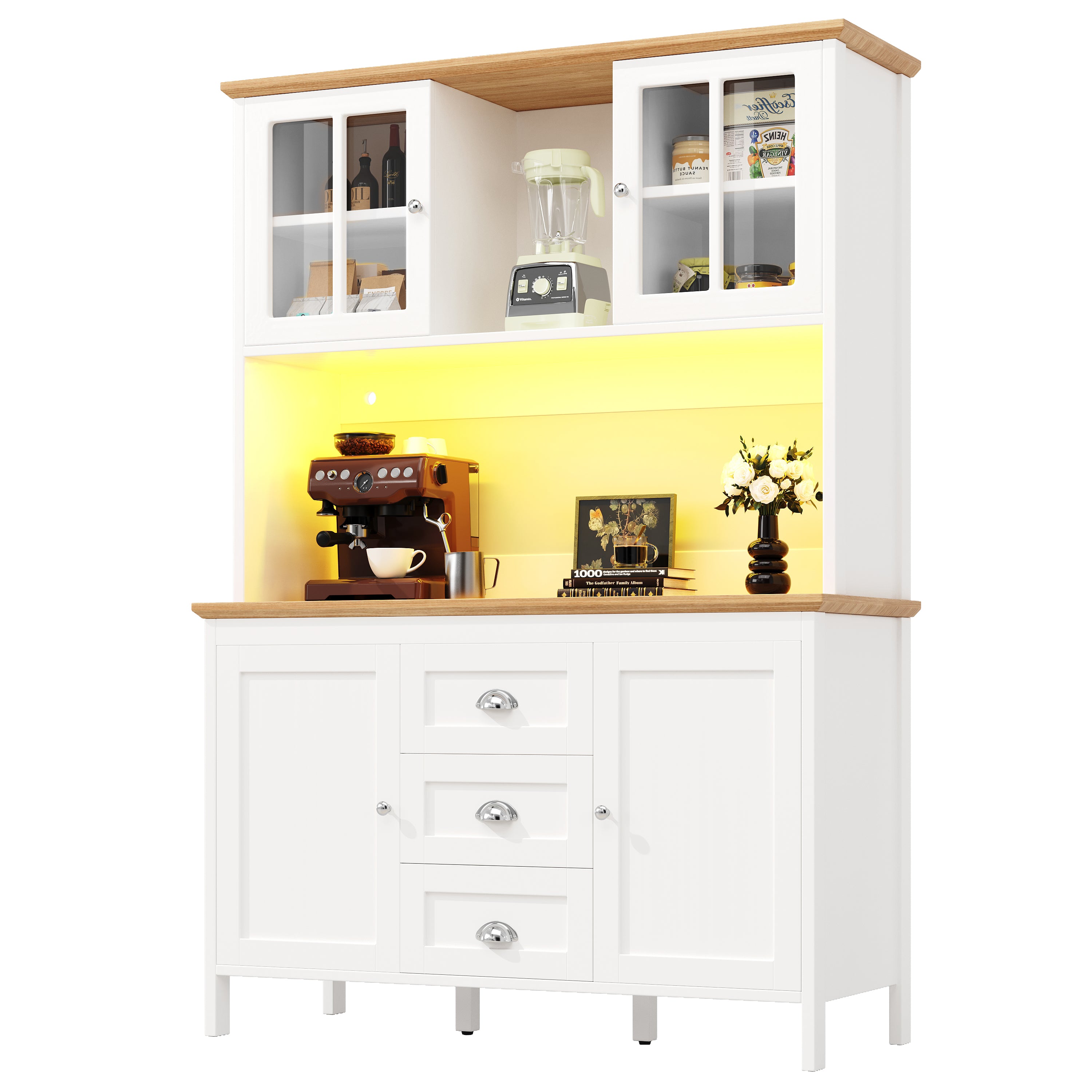 Tall Sideboard Cabinet with LED Lighting and 3 Drawers, White and Black