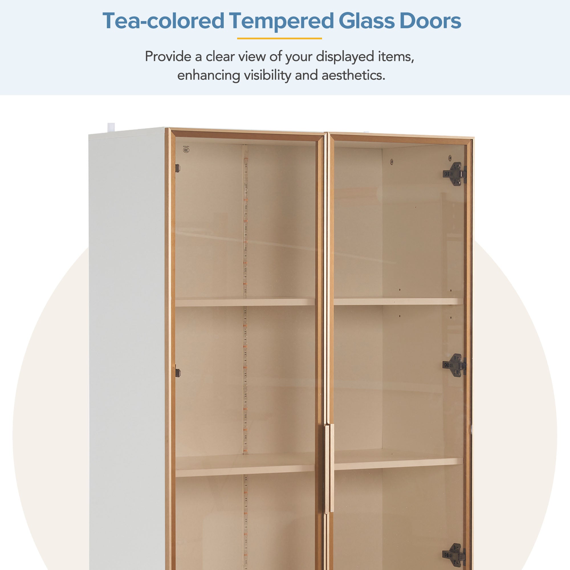 Glass Display Cabinet, Set of 2 with LED Lighting & Movable Shelves, White