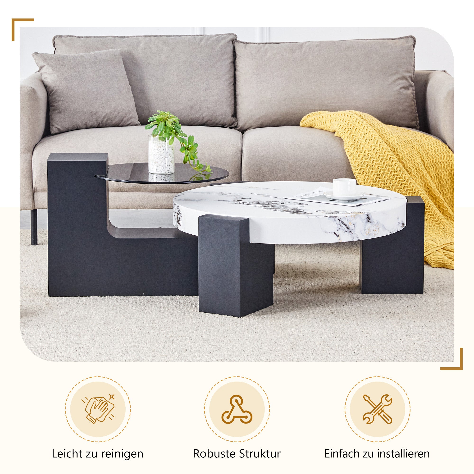 Round Side Table Two Levels Grey Glass Marble Effect Top - Black MDF