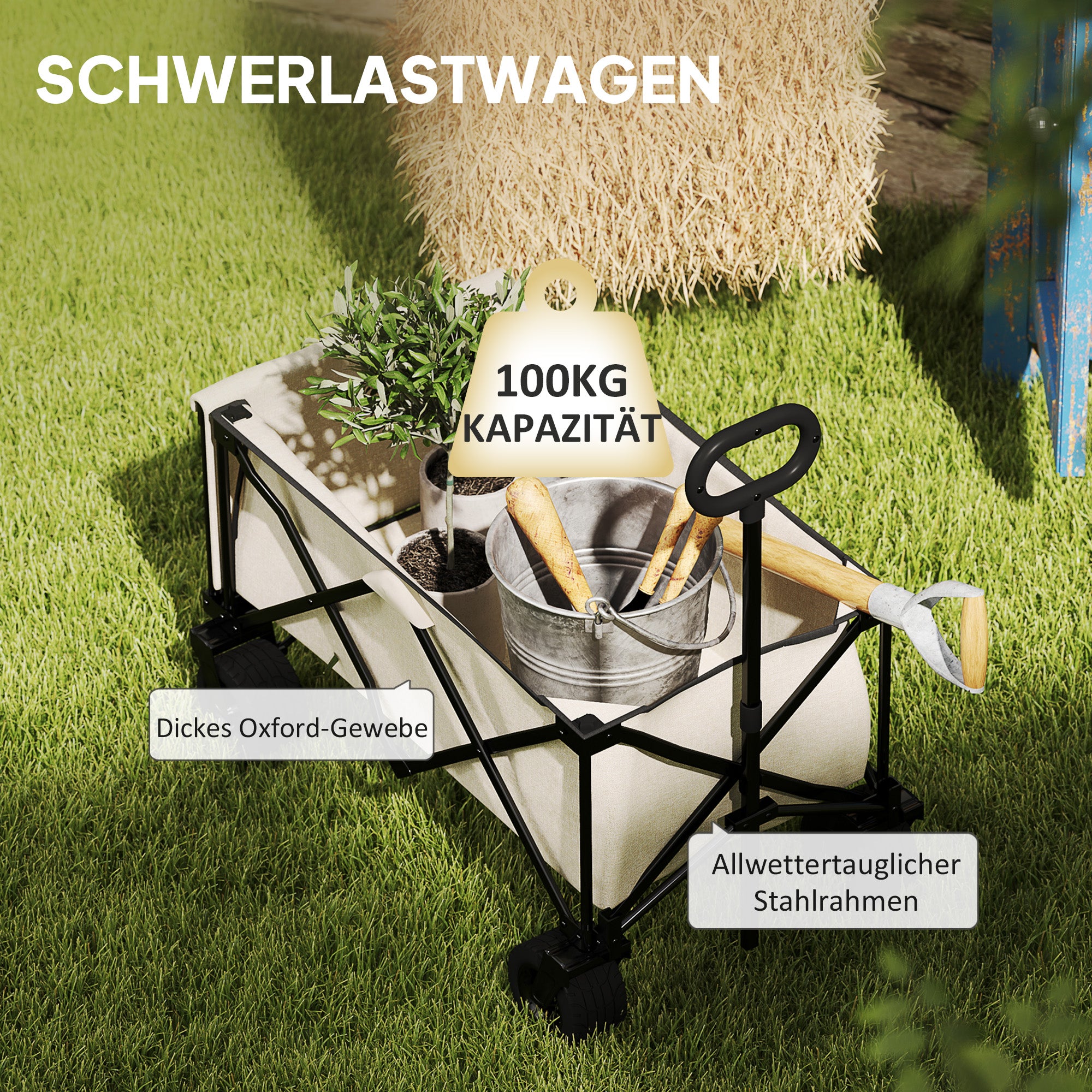 Garden Cart 100 kg, Foldable, 138 Liters, Beige