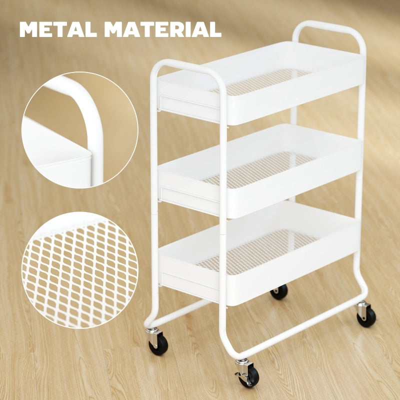 3-Tier Storage Trolley Utility Cart Mesh Baskets White Metal