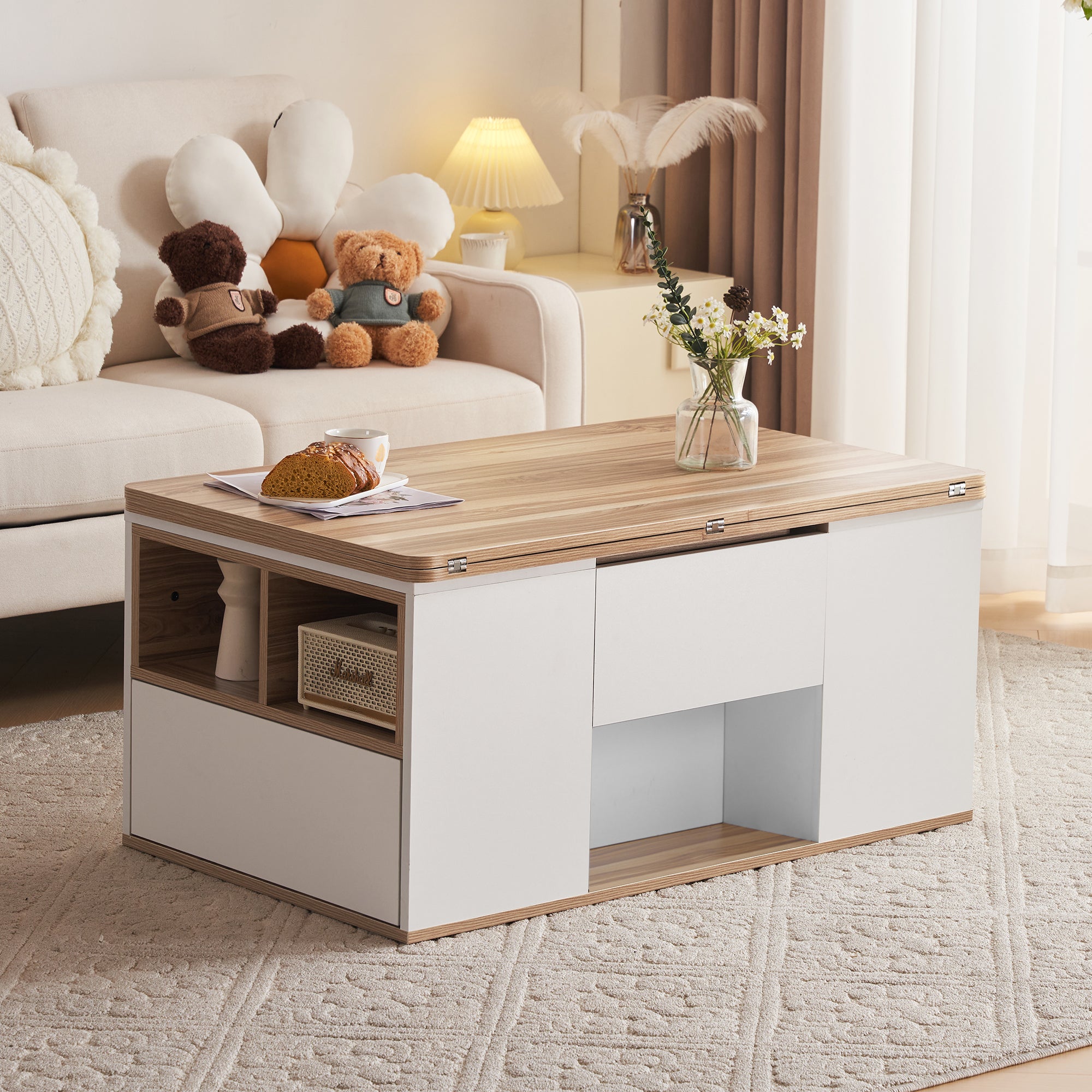 Liftable Coffee Table Opens to 2 Tables Storage - White/Wood