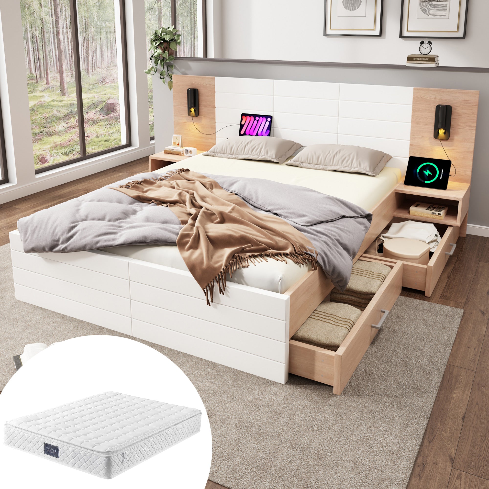 Double Wooden Bed, 160x200cm, 2 Drawers, USB, Oak/White