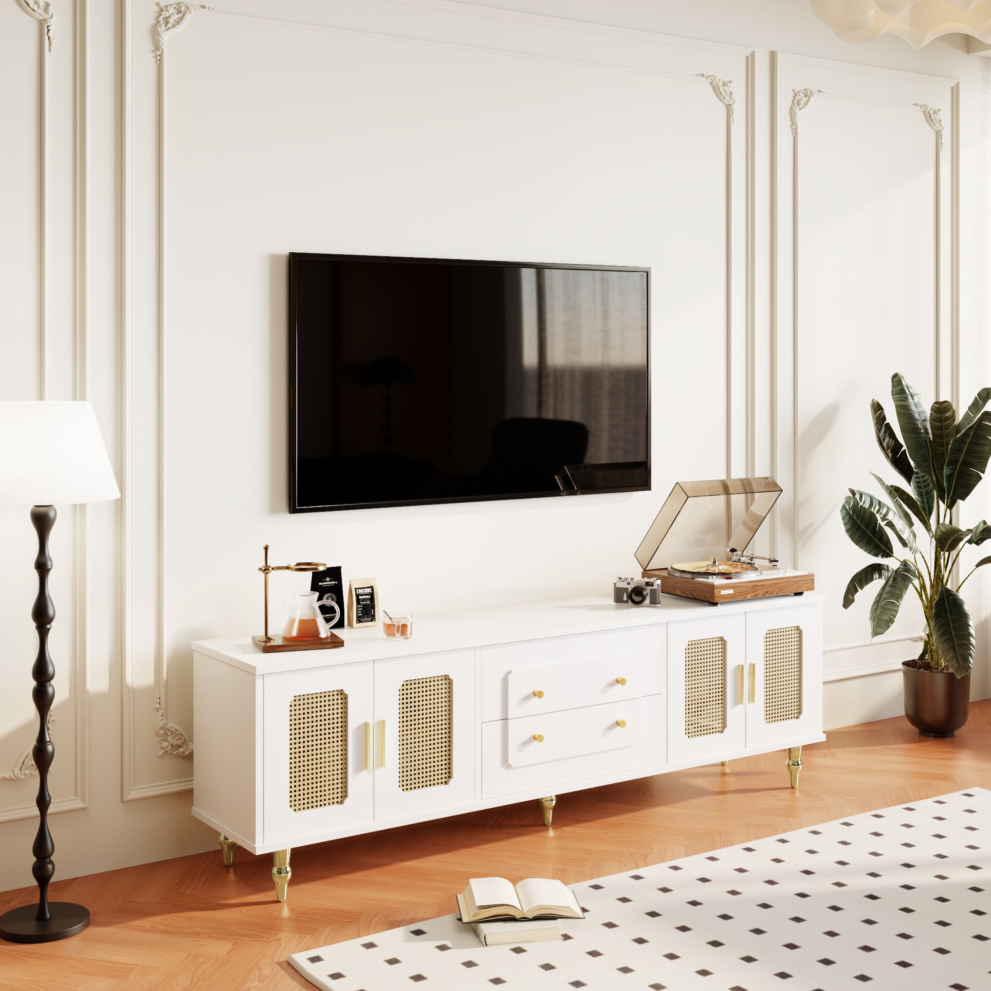 TV Cabinet, Retro Lowboard with Rattan Door & Gold Handles, Metal Legs