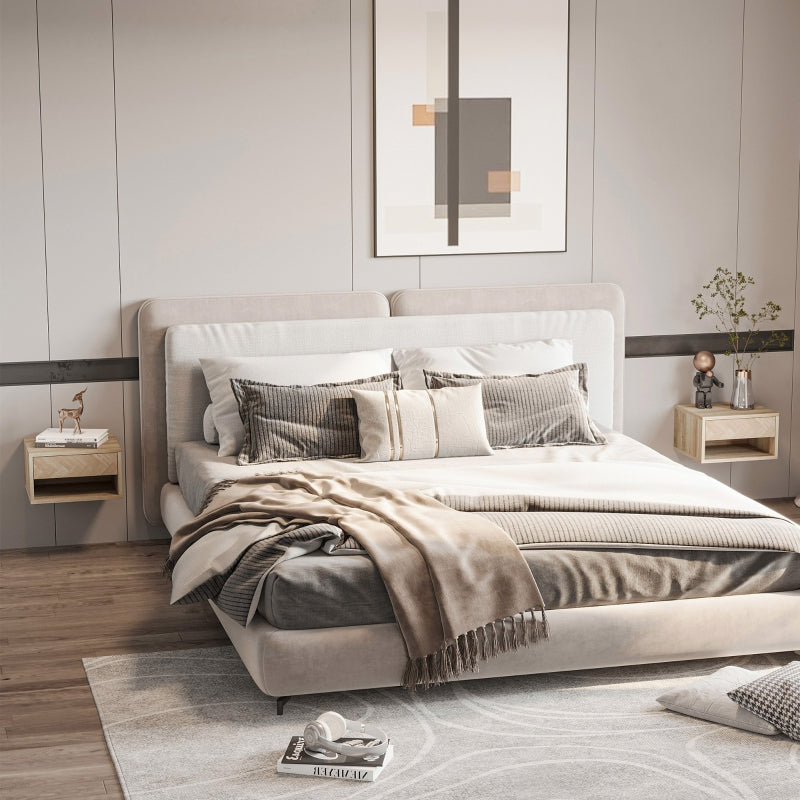 Bedside Table Wall Mounted Nightstand with Drawer and Shelf, Natural (2 Pieces)