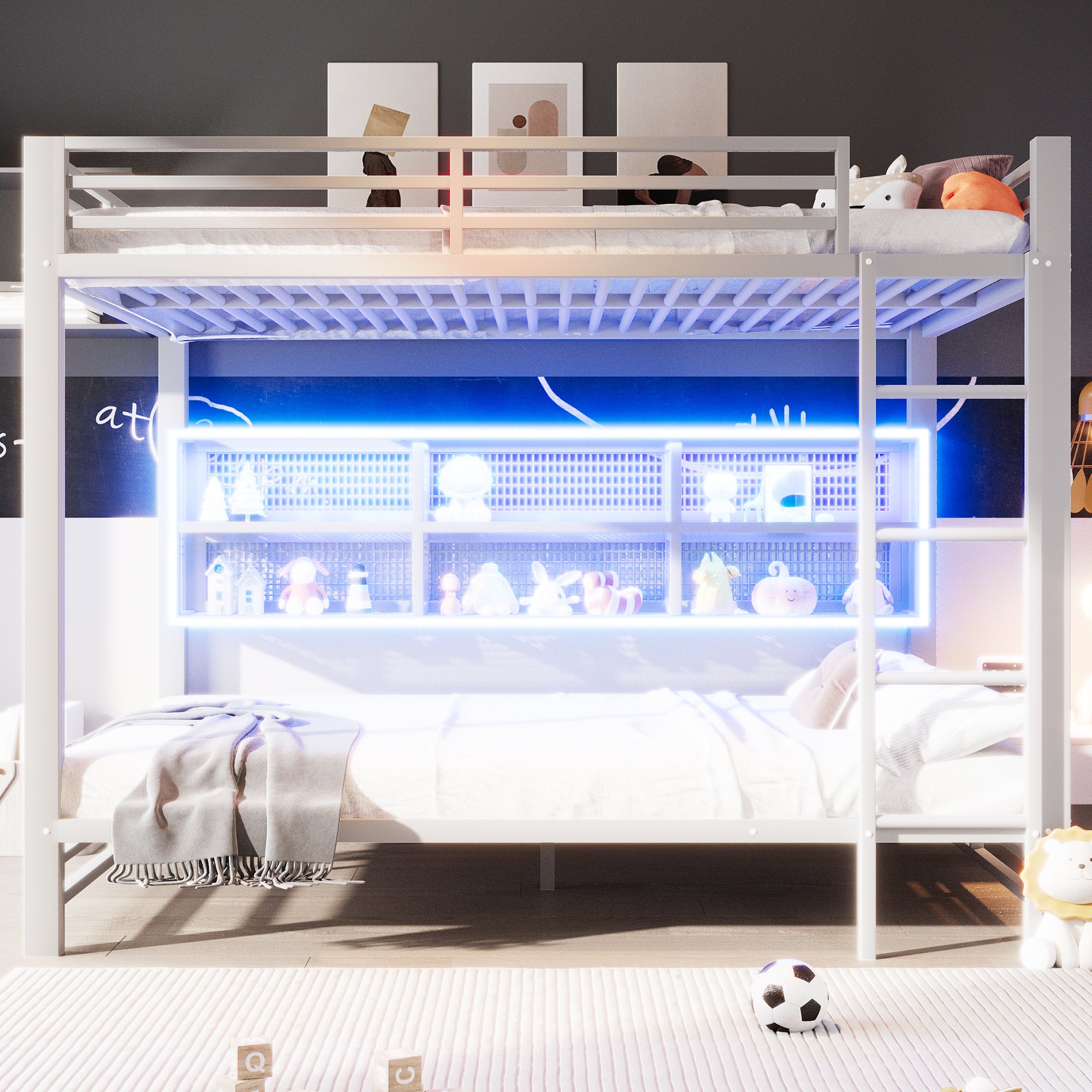 140x200 Bunk Bed with Storage Cabinets and LED Light, White